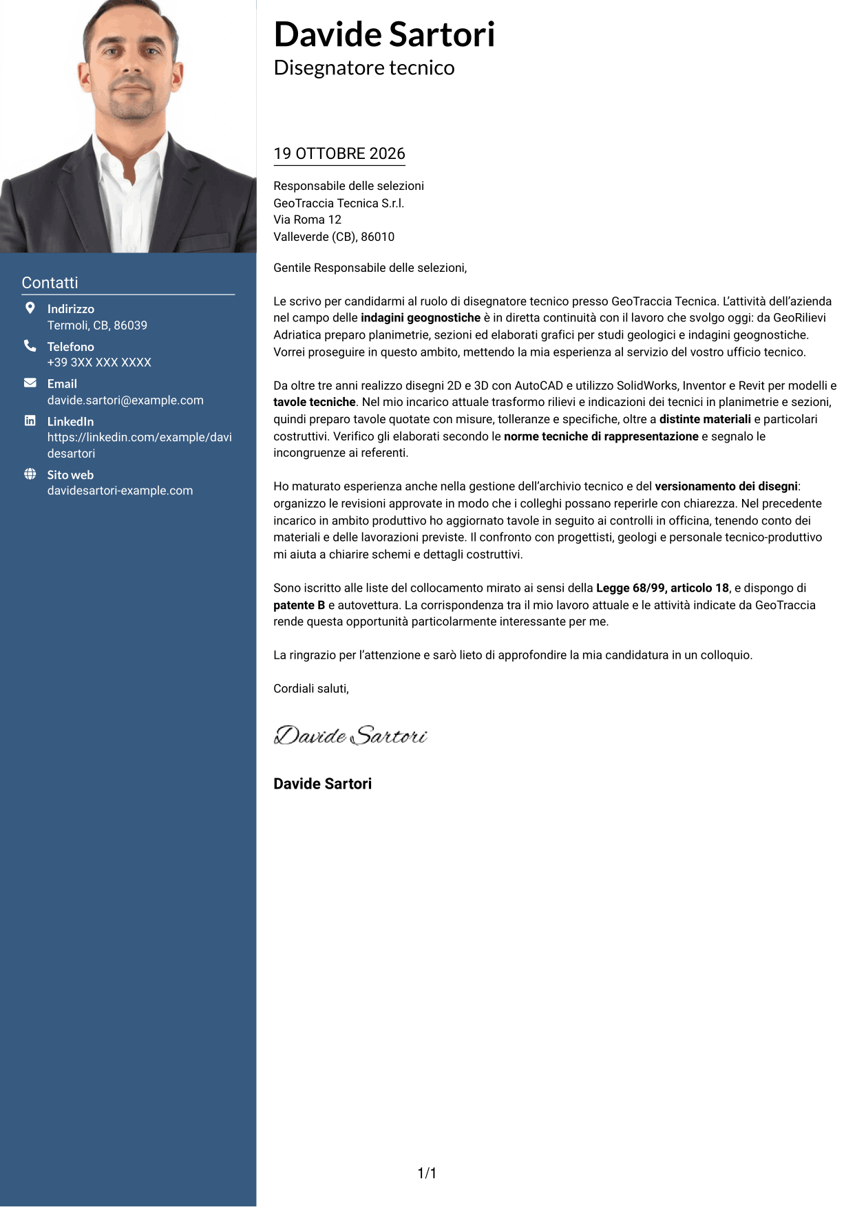 Lettera di presentazione Signature (formato con colonna laterale colorata e foto grande): Disegnatore Tecnico - Geologia e indagini geognostiche, pagina 1