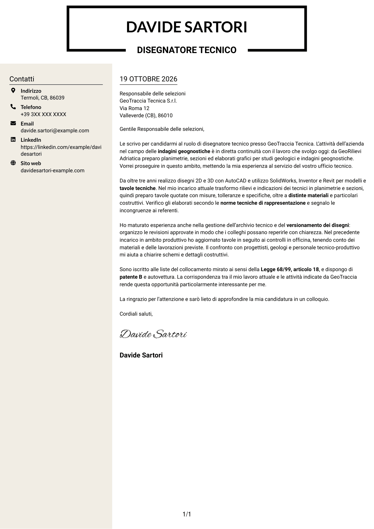 Lettera di presentazione Intraprendente (formato a due colonne con intestazione centrata senza foto): Disegnatore Tecnico - Geologia e indagini geognostiche, pagina 1