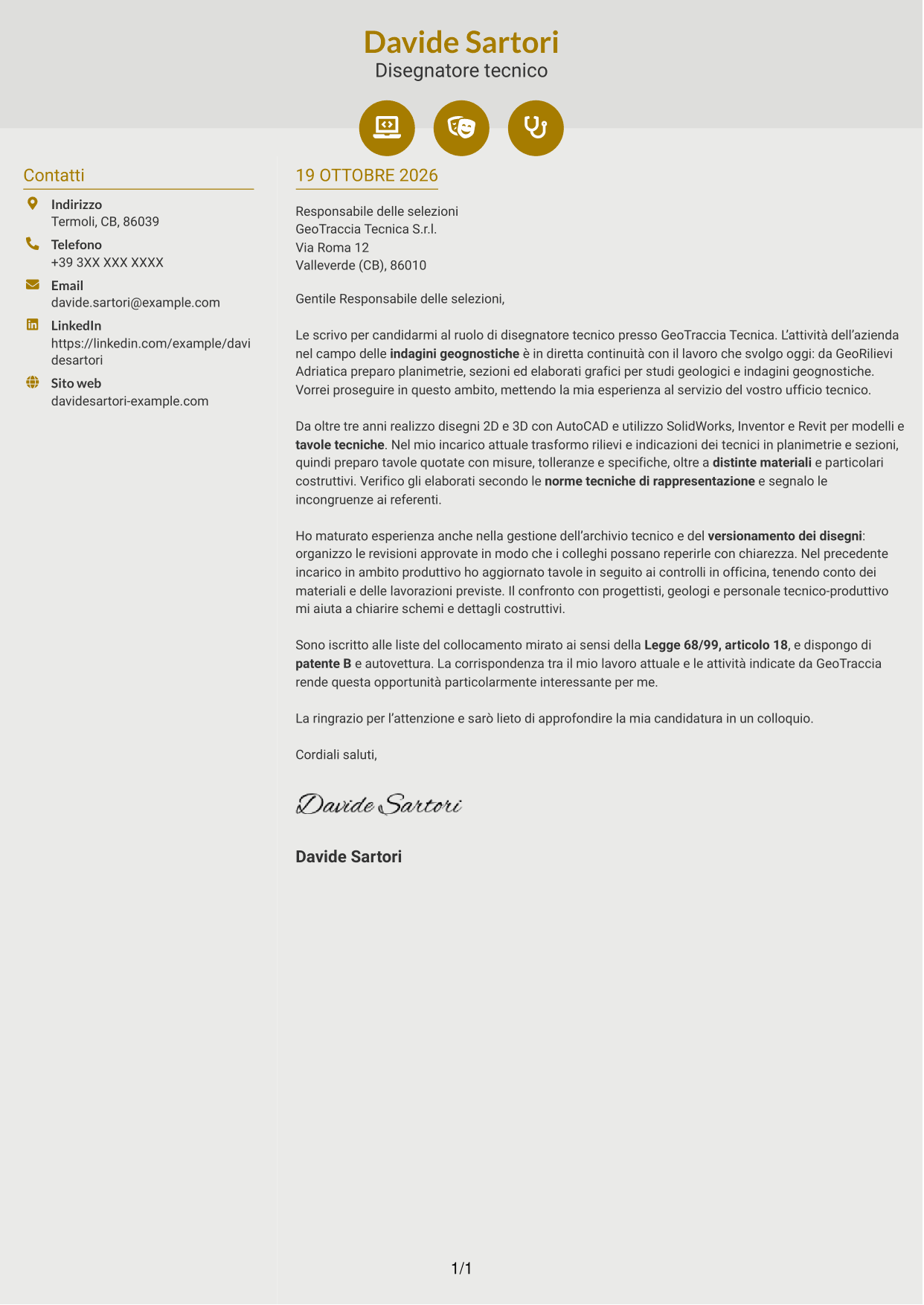 Lettera di presentazione Dinamico (formato a due colonne con icone): Disegnatore Tecnico - Geologia e indagini geognostiche, pagina 1