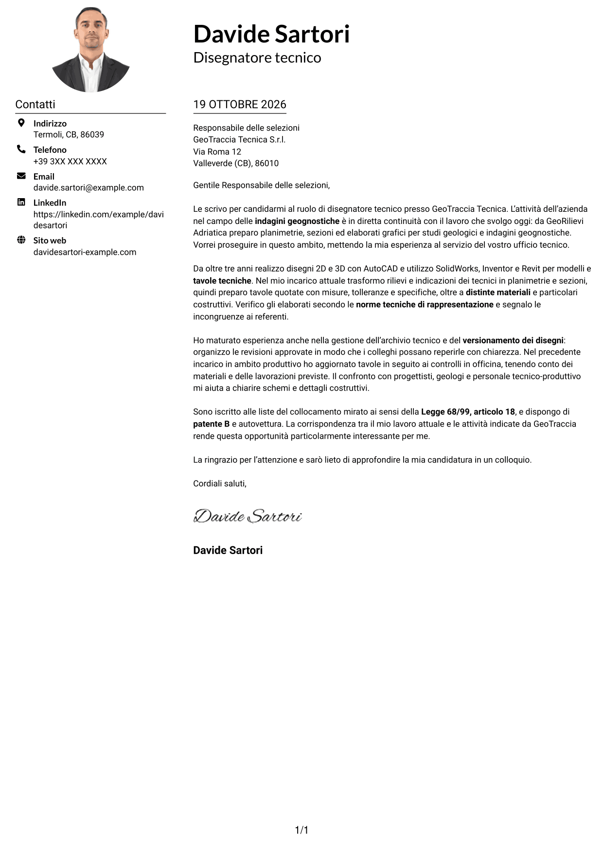 Esempio di lettera di presentazione — pagina 1