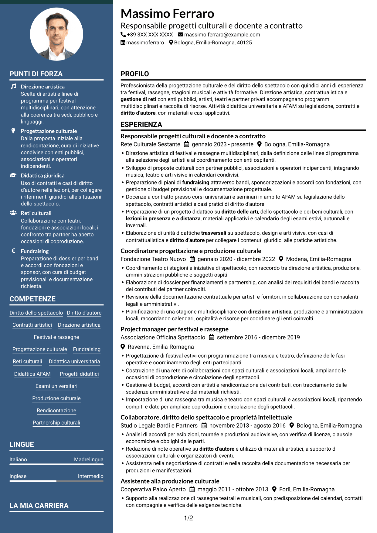 CV Elegante (formato con colonna laterale colorata e foto): Docente di Diritto e legislazione dello spettacolo, pagina 1