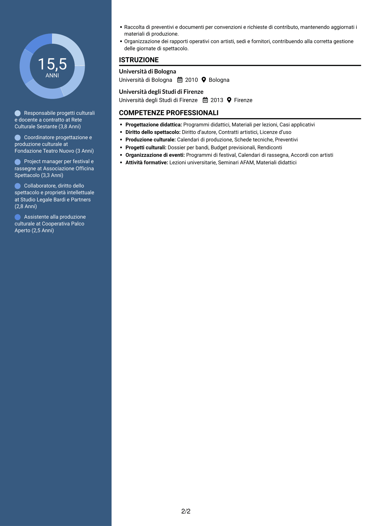 CV Elegante (formato con colonna laterale colorata e foto): Docente di Diritto e legislazione dello spettacolo, pagina 2