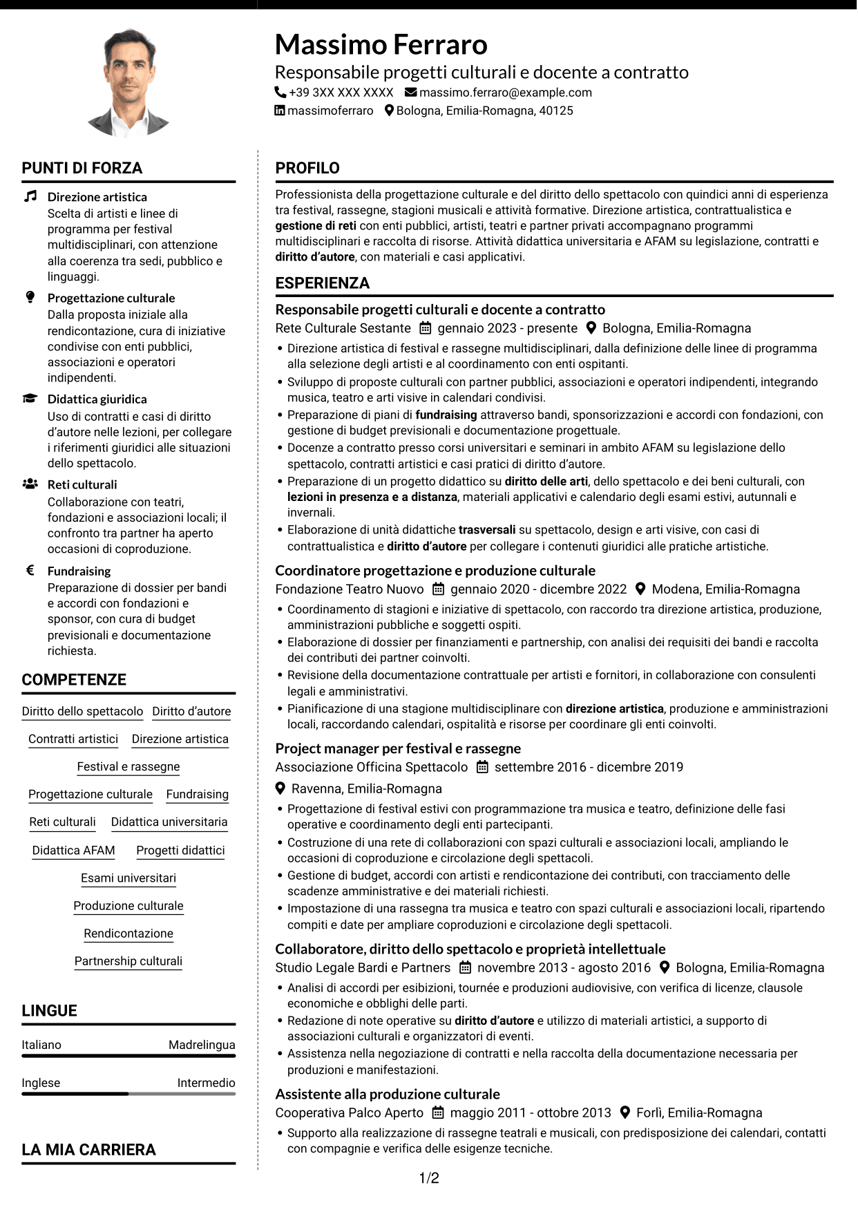 CV Moderno (formato a due colonne con foto a sinistra e separatore): Docente di Diritto e legislazione dello spettacolo, pagina 1