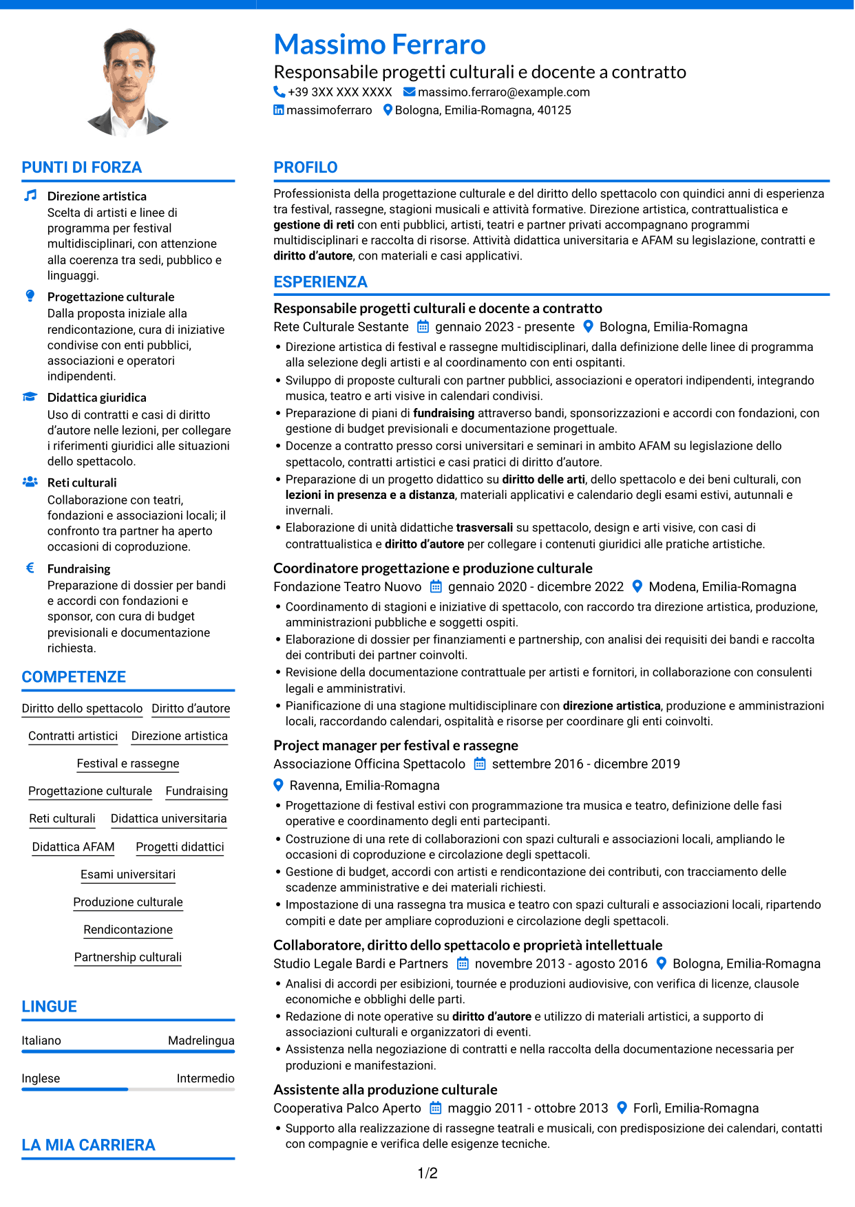 CV Audace (formato a due colonne con accenti colorati e foto): Docente di Diritto e legislazione dello spettacolo, pagina 1
