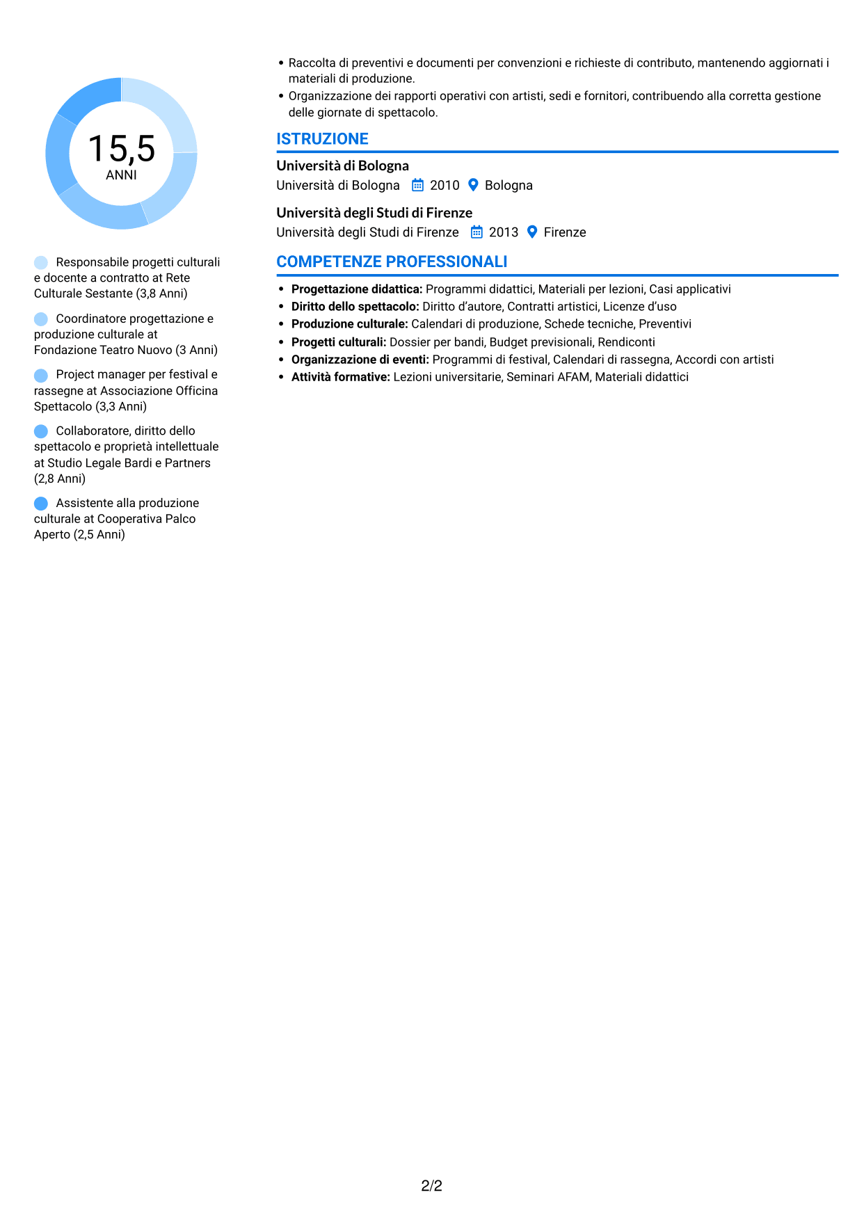 CV Audace (formato a due colonne con accenti colorati e foto): Docente di Diritto e legislazione dello spettacolo, pagina 2