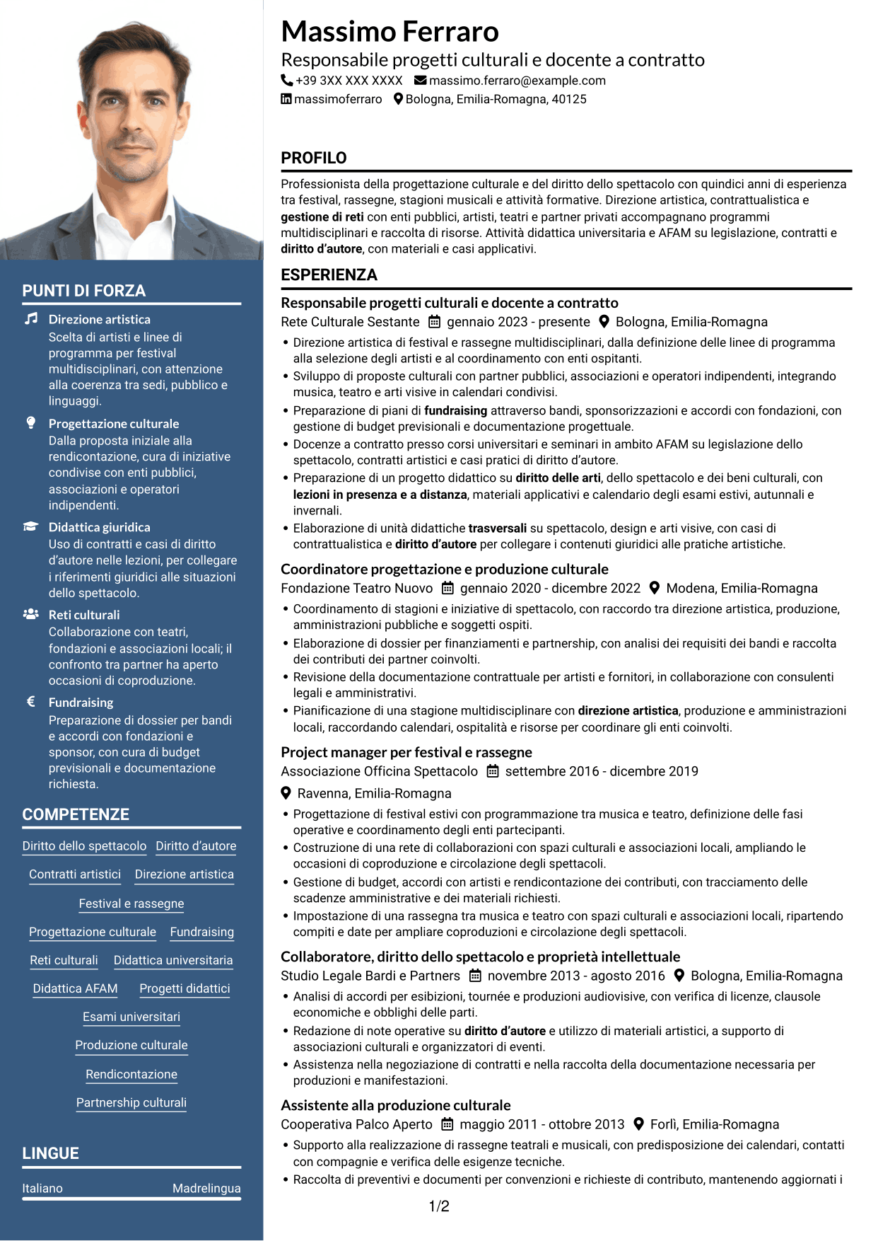 CV Signature (formato con colonna laterale colorata e foto grande): Docente di Diritto e legislazione dello spettacolo, pagina 1