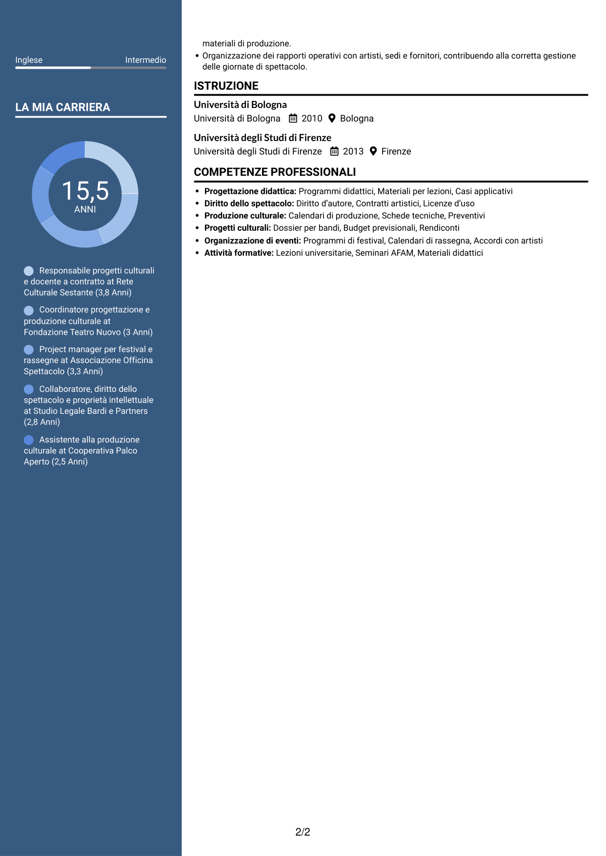 CV Signature (formato con colonna laterale colorata e foto grande): Docente di Diritto e legislazione dello spettacolo, pagina 2