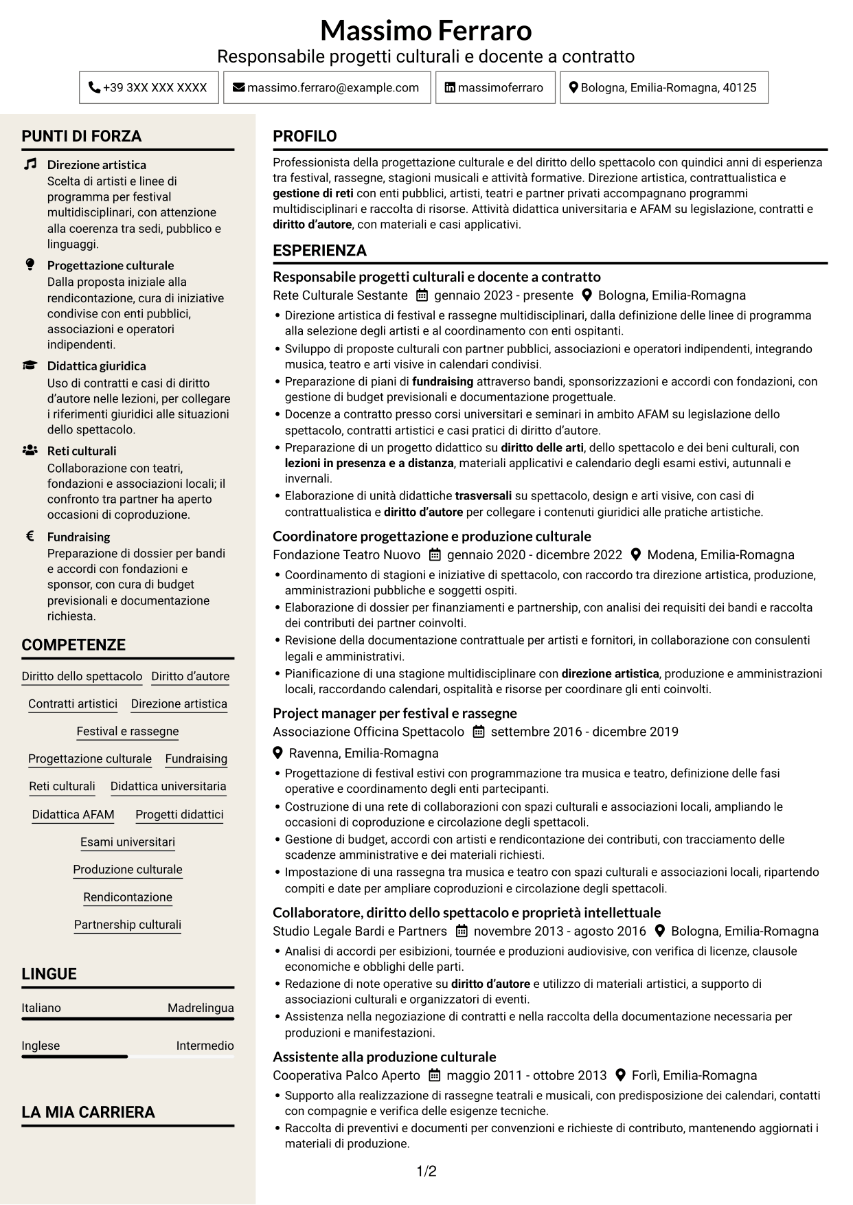 CV Intraprendente (formato a due colonne con intestazione centrata senza foto): Docente di Diritto e legislazione dello spettacolo, pagina 1