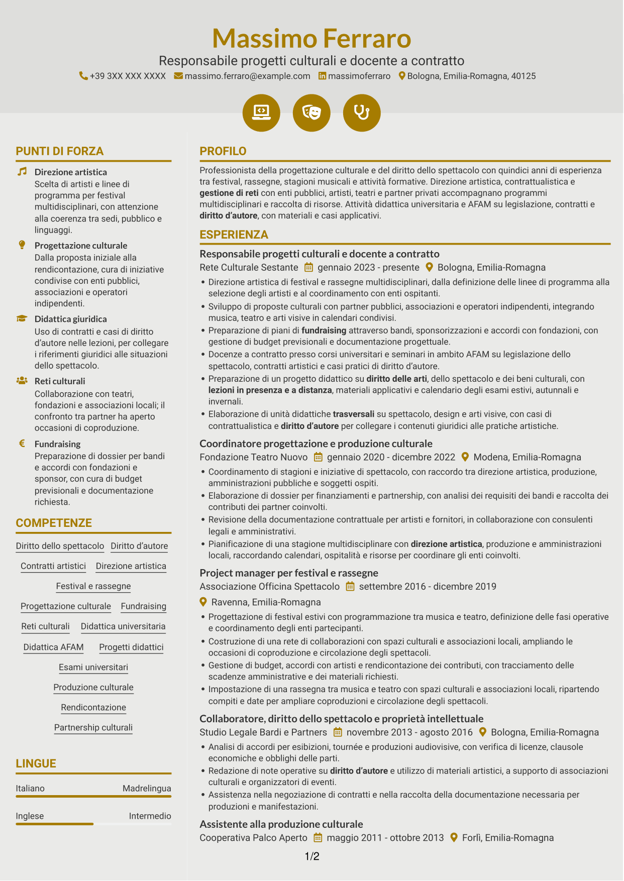 CV Dinamico (formato a due colonne con icone): Docente di Diritto e legislazione dello spettacolo, pagina 1