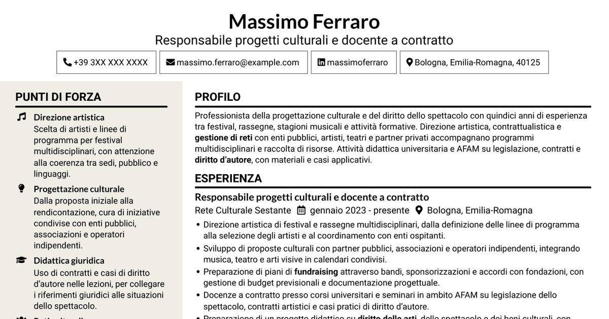 7 modelli di CV per Docente di Diritto e legislazione dello spettacolo, con esempi