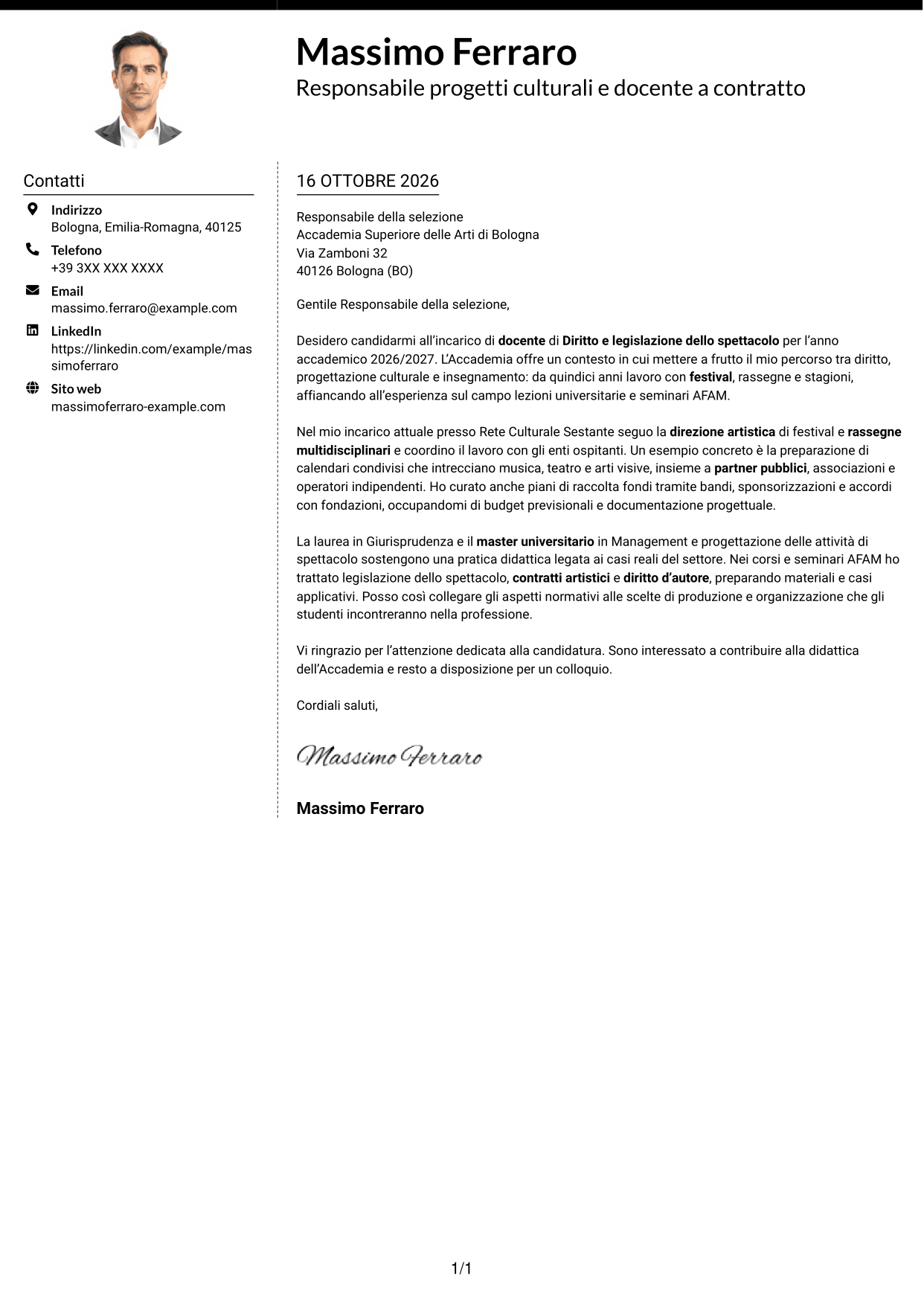 Lettera di presentazione Moderno (formato a due colonne con foto a sinistra e separatore): Docente di Diritto e legislazione dello spettacolo, pagina 1