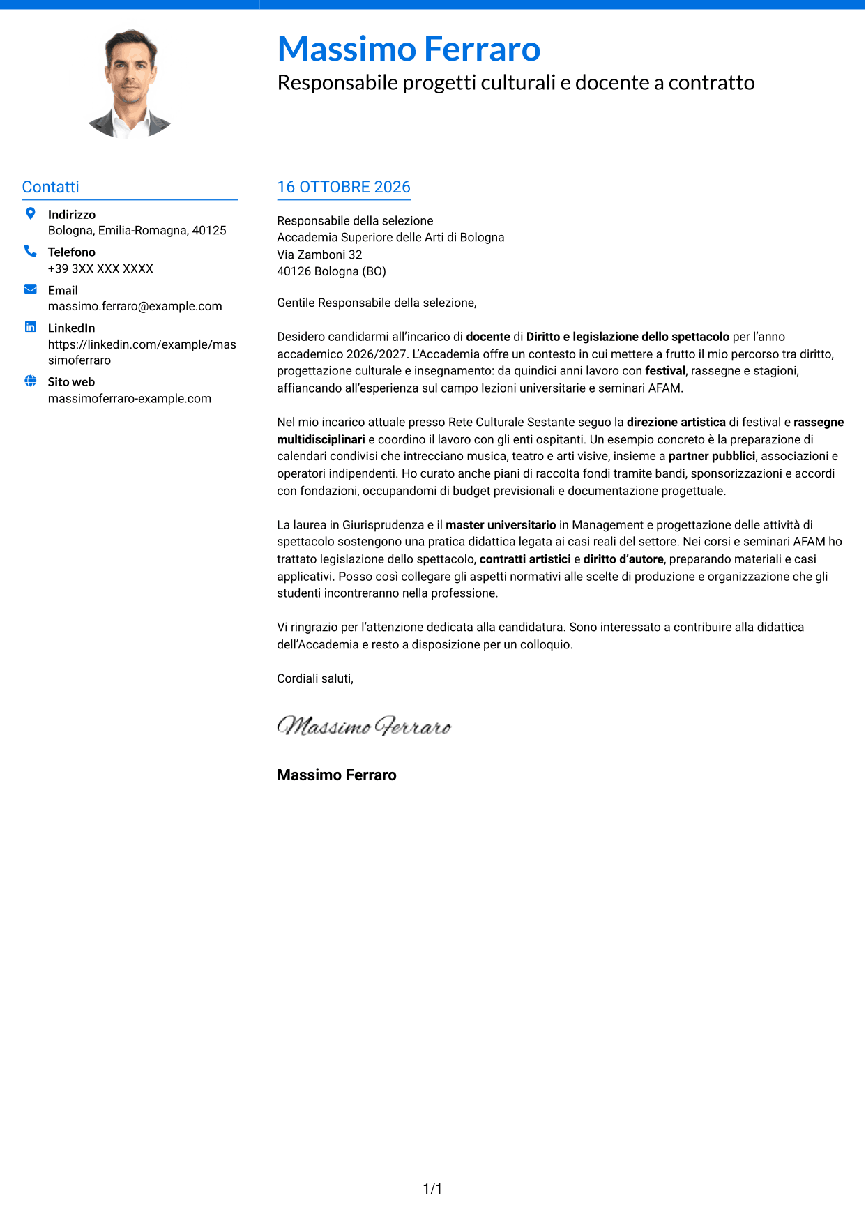 Lettera di presentazione Audace (formato a due colonne con accenti colorati e foto): Docente di Diritto e legislazione dello spettacolo, pagina 1