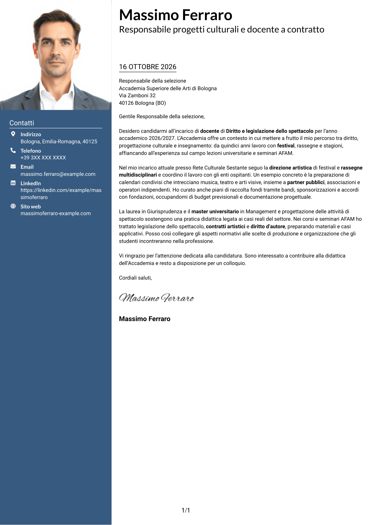 Lettera di presentazione Signature (formato con colonna laterale colorata e foto grande): Docente di Diritto e legislazione dello spettacolo, pagina 1