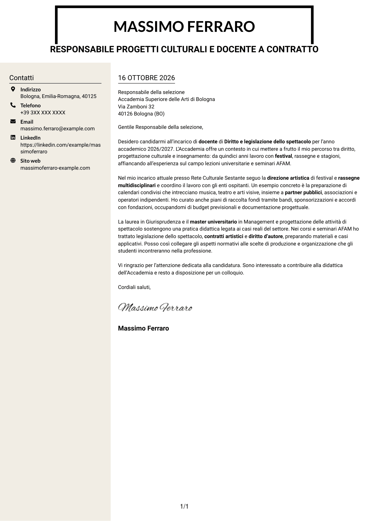 Lettera di presentazione Intraprendente (formato a due colonne con intestazione centrata senza foto): Docente di Diritto e legislazione dello spettacolo, pagina 1