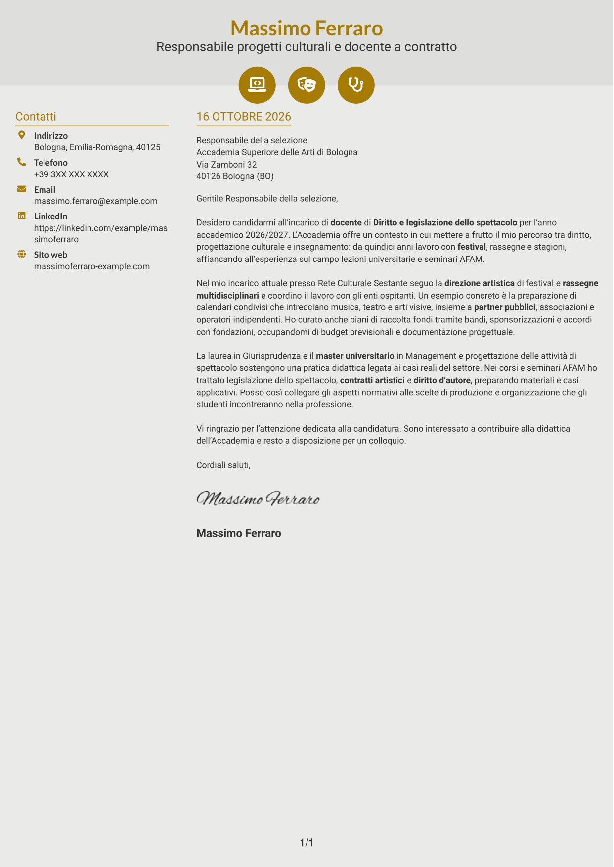 Lettera di presentazione Dinamico (formato a due colonne con icone): Docente di Diritto e legislazione dello spettacolo, pagina 1