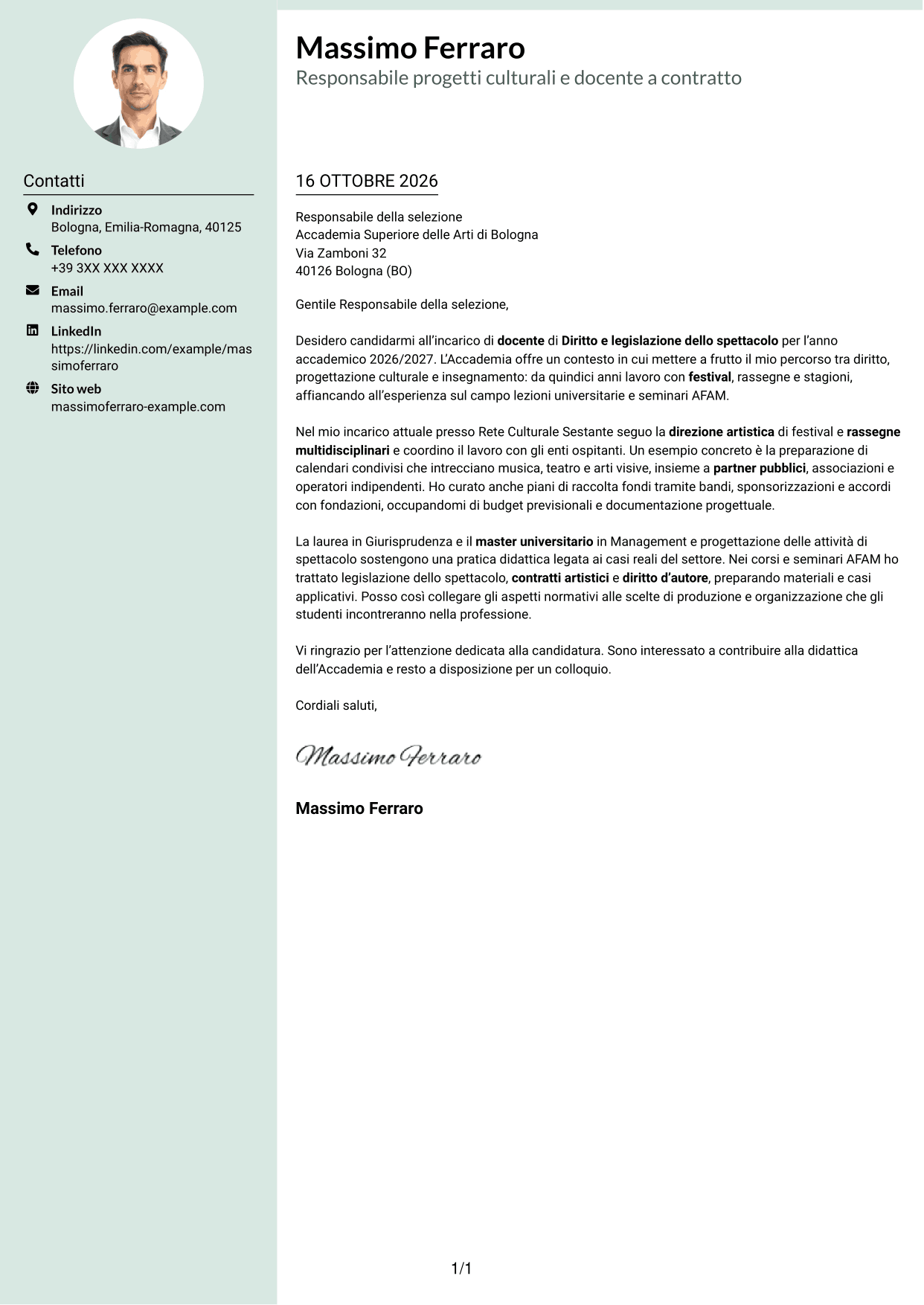 Lettera di presentazione Dirigente (formato con colonna laterale tenue e foto arrotondata): Docente di Diritto e legislazione dello spettacolo, pagina 1