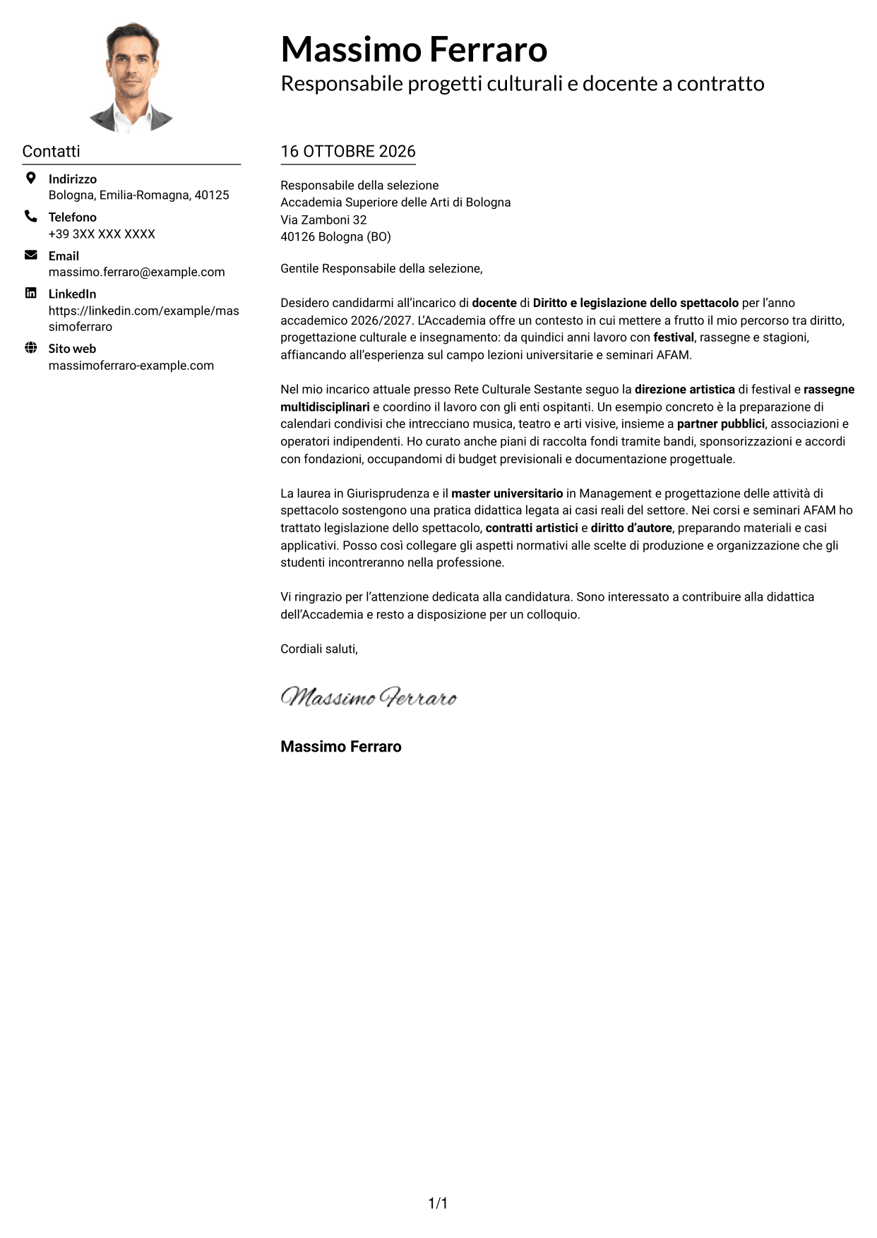 Esempio di lettera di presentazione — pagina 1