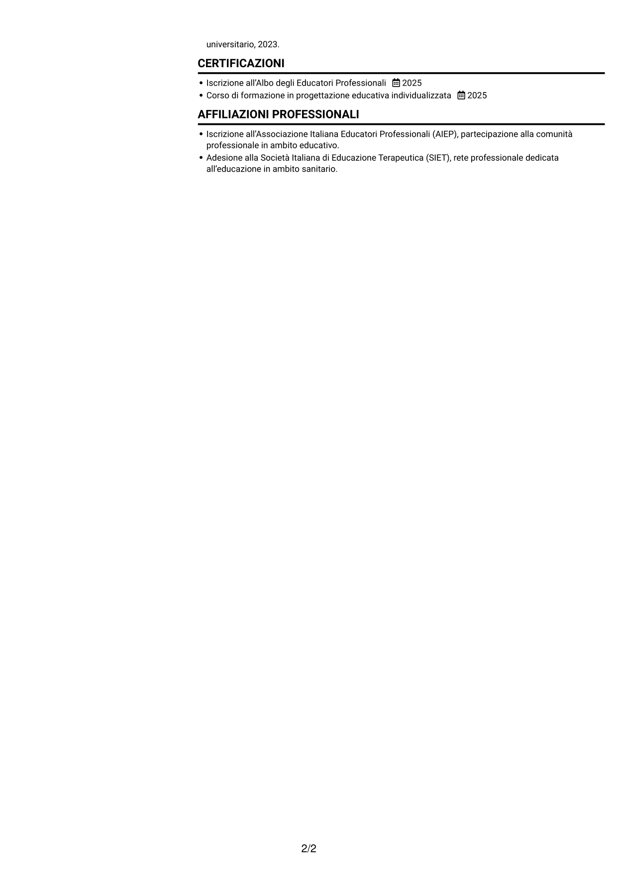 CV Compatto (formato sobrio a due colonne con foto): Educatore delle professioni sanitarie - Riabilitazione socio-educativa, pagina 2