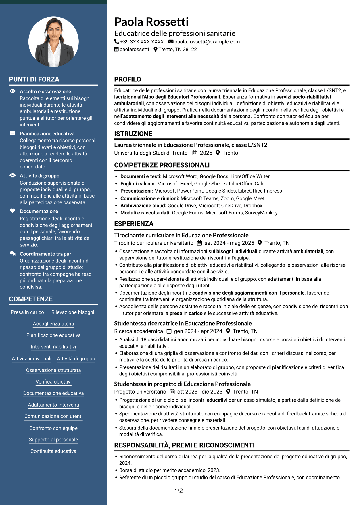 CV Elegante (formato con colonna laterale colorata e foto): Educatore delle professioni sanitarie - Riabilitazione socio-educativa, pagina 1