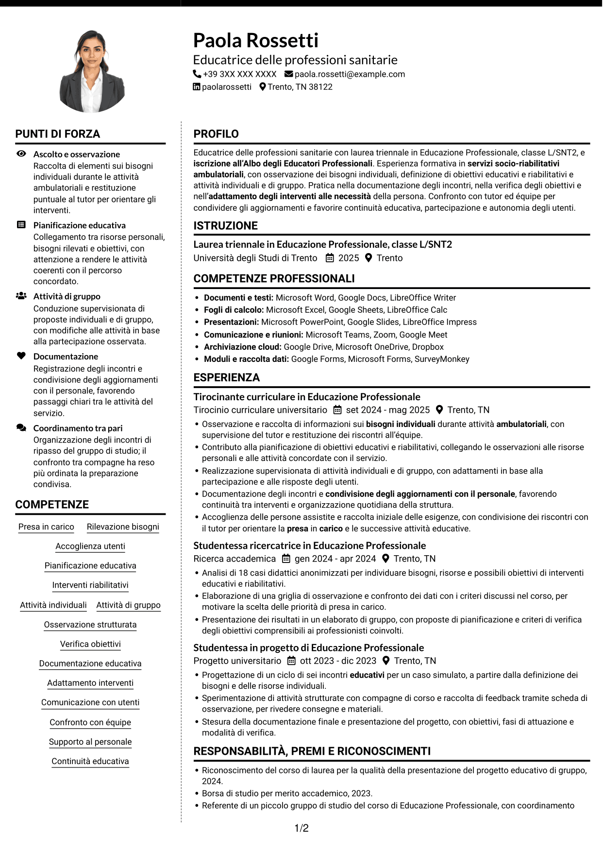 CV Moderno (formato a due colonne con foto a sinistra e separatore): Educatore delle professioni sanitarie - Riabilitazione socio-educativa, pagina 1
