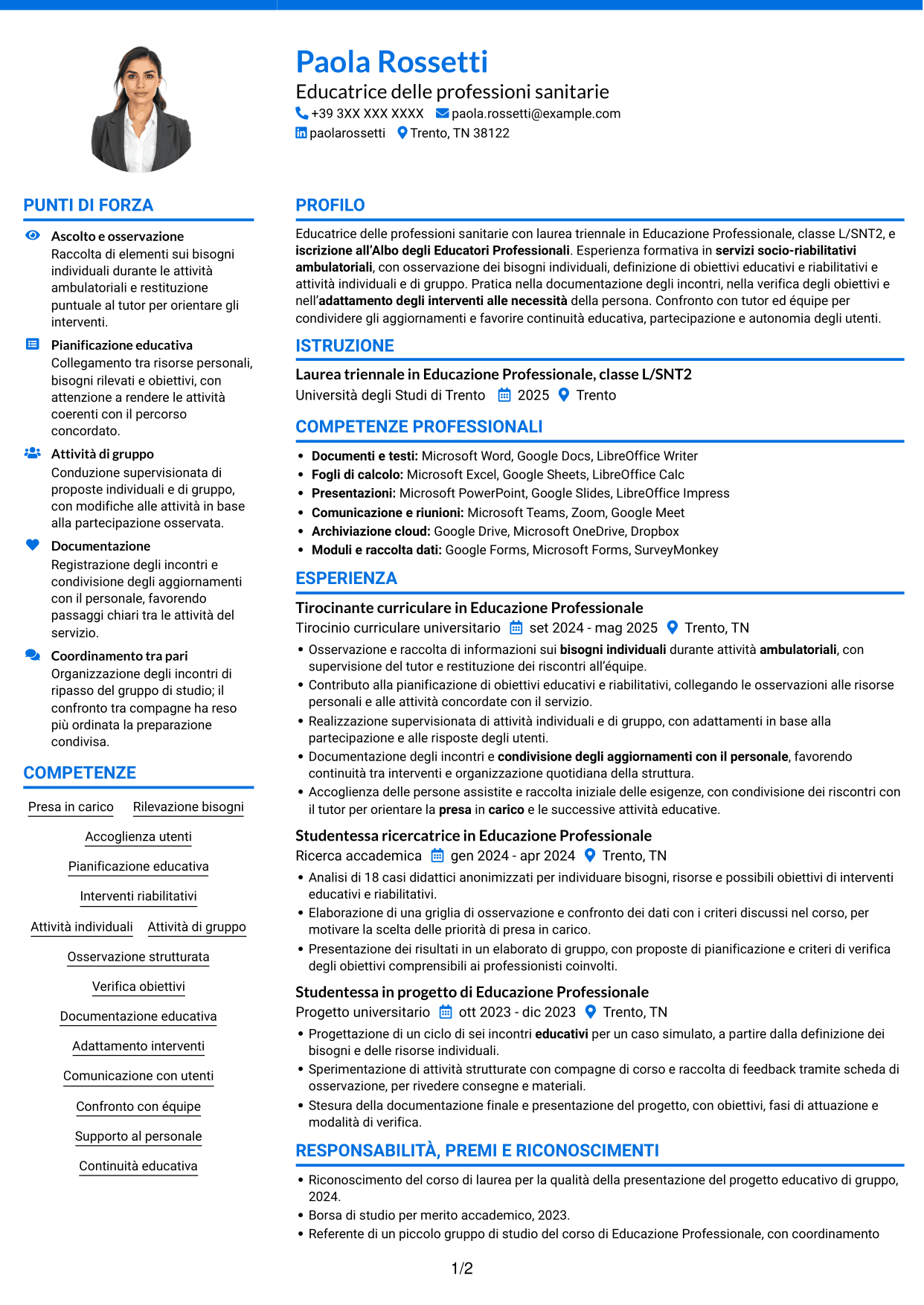 CV Audace (formato a due colonne con accenti colorati e foto): Educatore delle professioni sanitarie - Riabilitazione socio-educativa, pagina 1