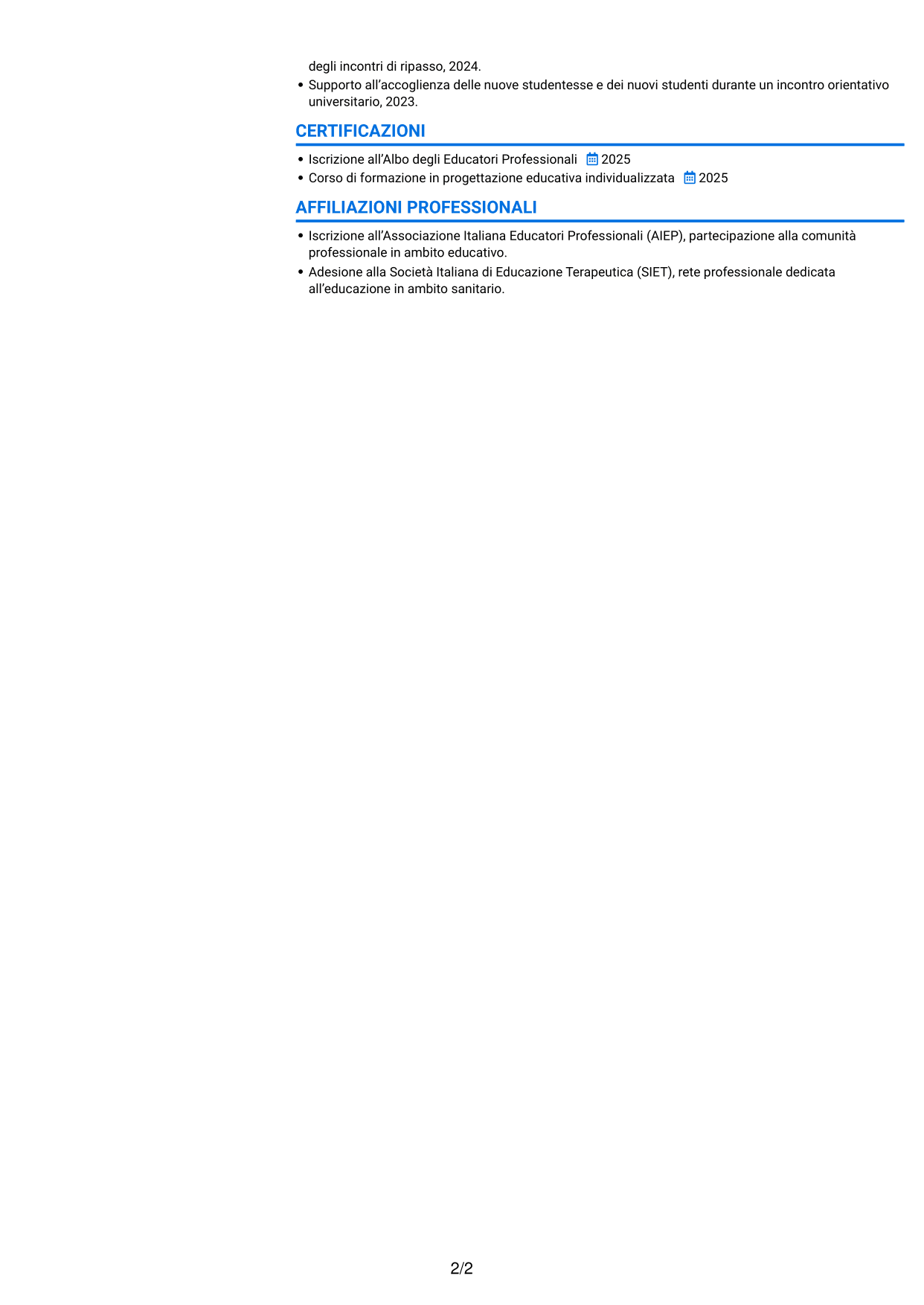 CV Audace (formato a due colonne con accenti colorati e foto): Educatore delle professioni sanitarie - Riabilitazione socio-educativa, pagina 2