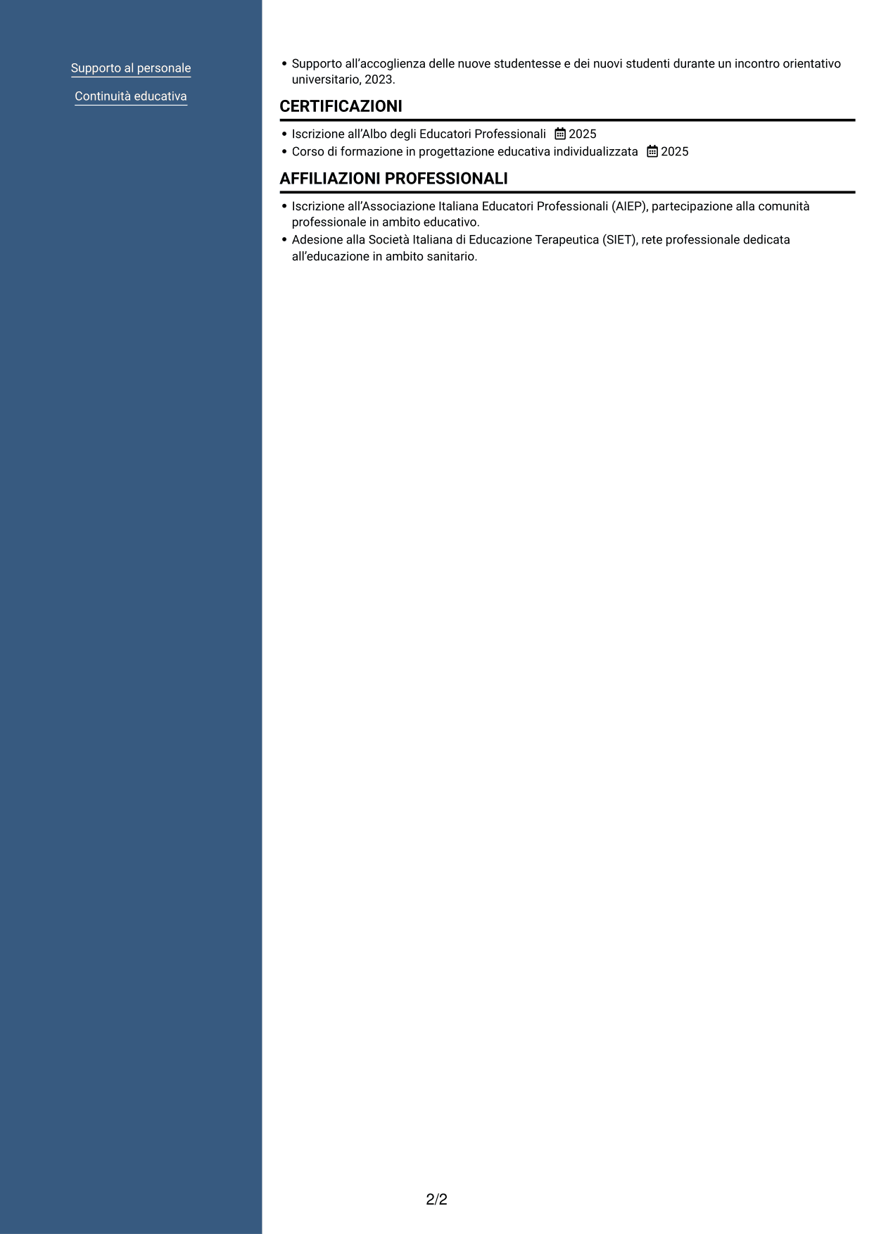 CV Signature (formato con colonna laterale colorata e foto grande): Educatore delle professioni sanitarie - Riabilitazione socio-educativa, pagina 2