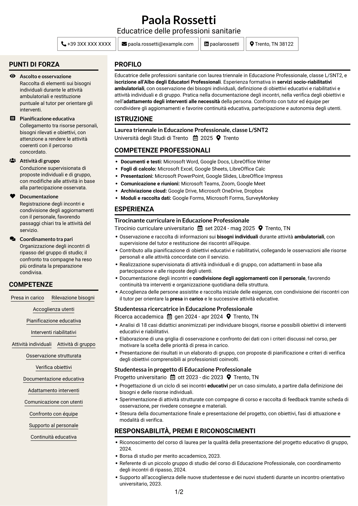 CV Intraprendente (formato a due colonne con intestazione centrata senza foto): Educatore delle professioni sanitarie - Riabilitazione socio-educativa, pagina 1