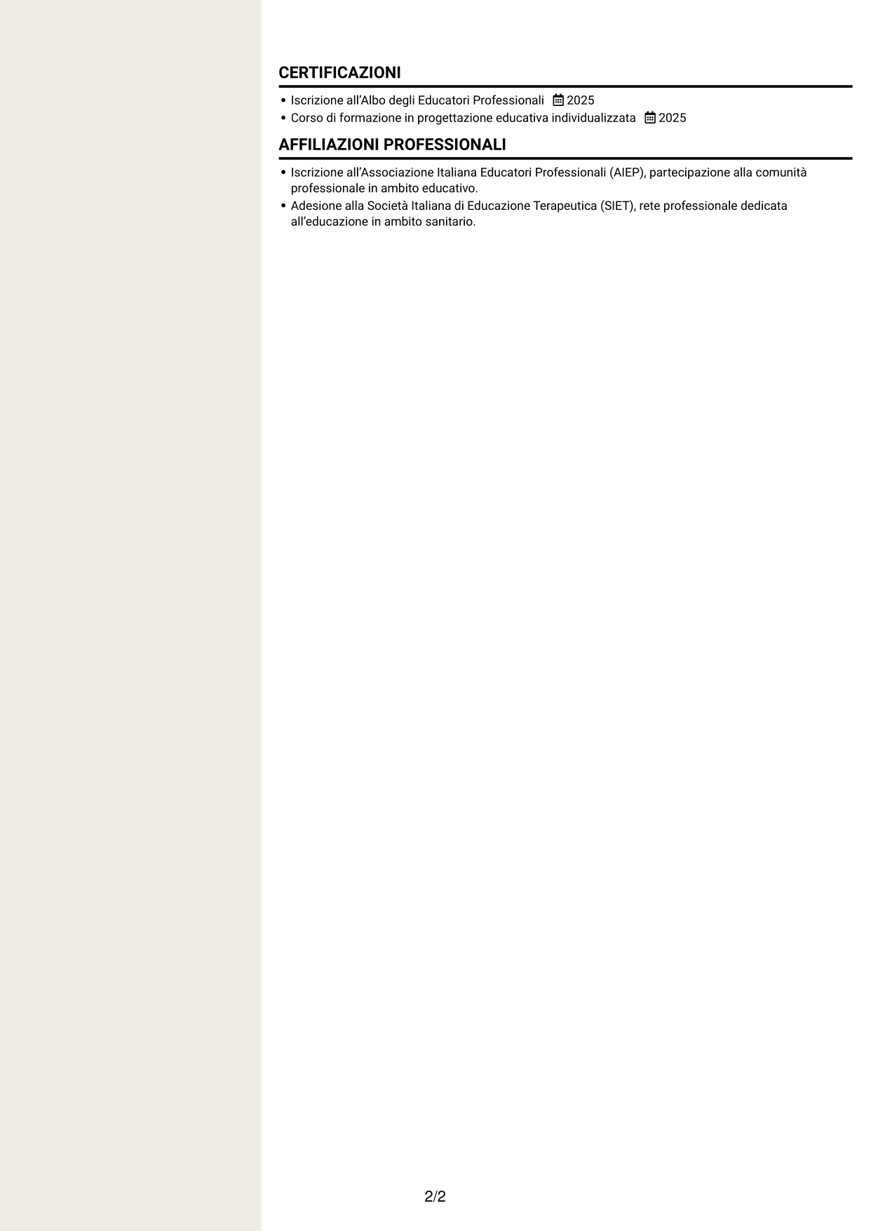 CV Intraprendente (formato a due colonne con intestazione centrata senza foto): Educatore delle professioni sanitarie - Riabilitazione socio-educativa, pagina 2