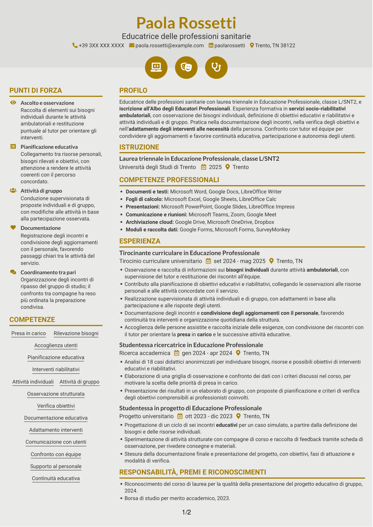 CV Dinamico (formato a due colonne con icone): Educatore delle professioni sanitarie - Riabilitazione socio-educativa, pagina 1