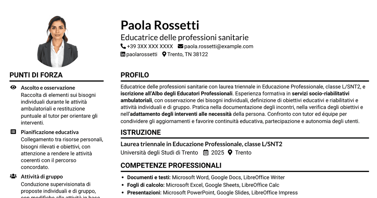 7 modelli di CV per Educatore delle professioni sanitarie - Riabilitazione socio-educativa, con esempi
