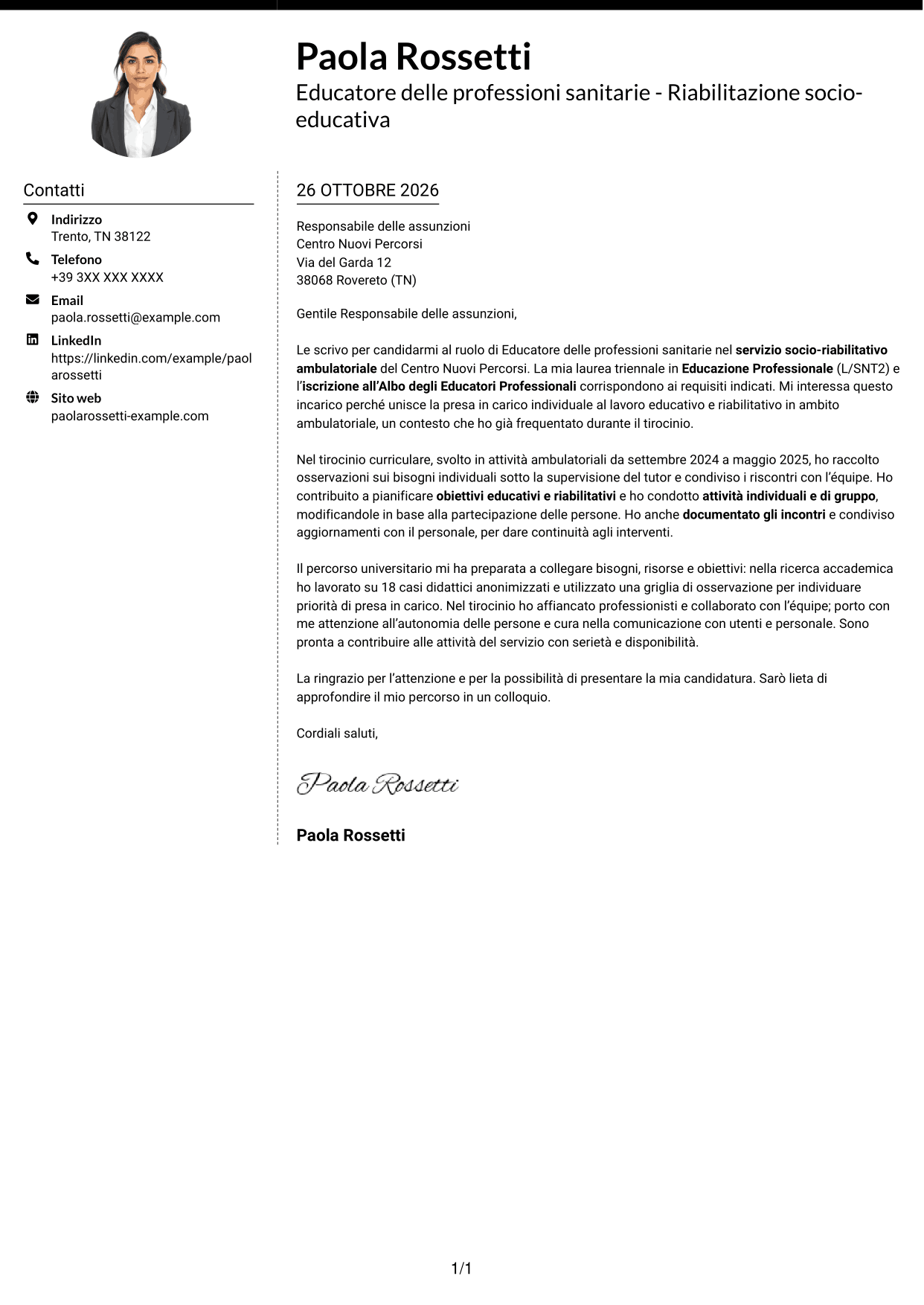 Lettera di presentazione Moderno (formato a due colonne con foto a sinistra e separatore): Educatore delle professioni sanitarie - Riabilitazione socio-educativa, pagina 1