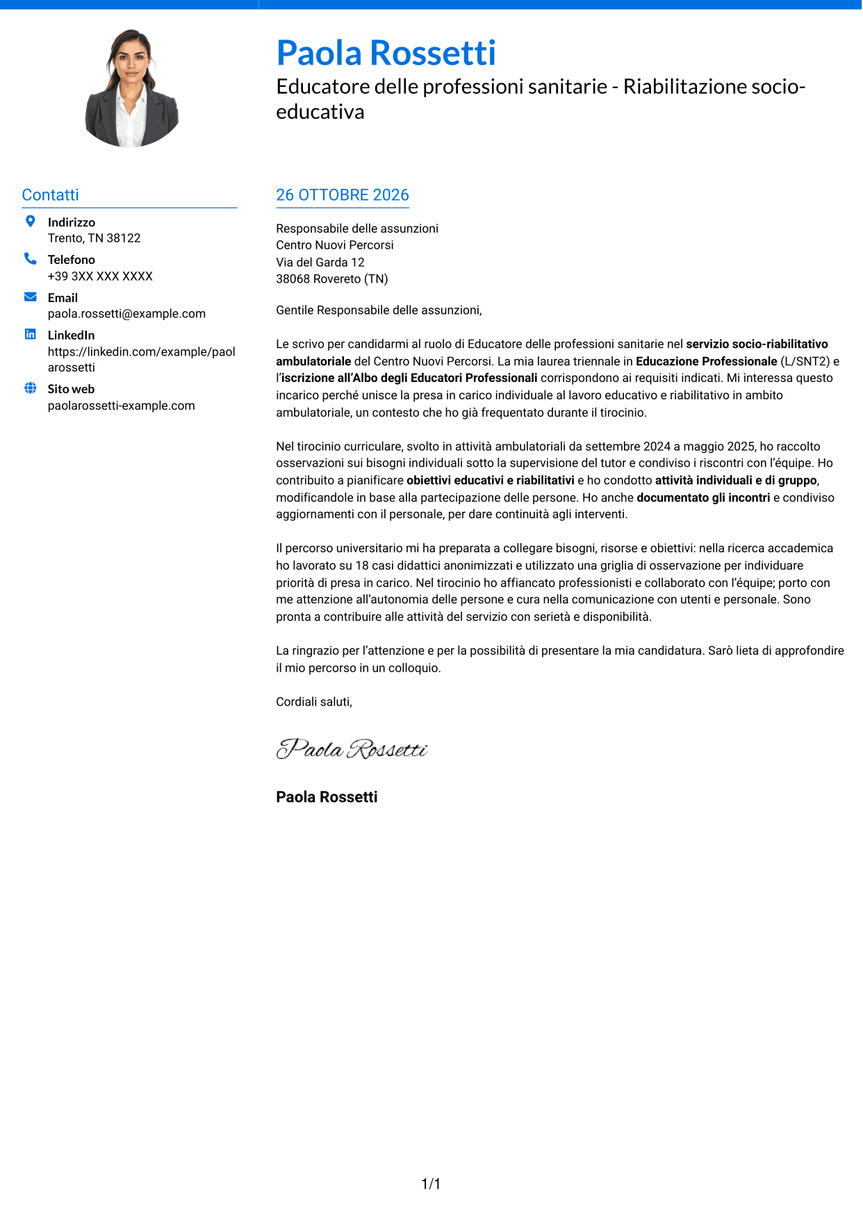 Lettera di presentazione Audace (formato a due colonne con accenti colorati e foto): Educatore delle professioni sanitarie - Riabilitazione socio-educativa, pagina 1