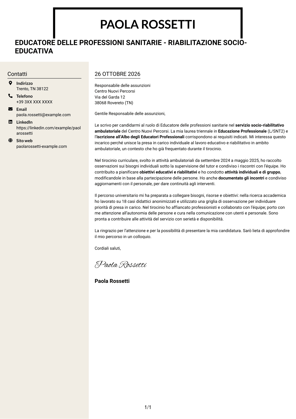 Lettera di presentazione Intraprendente (formato a due colonne con intestazione centrata senza foto): Educatore delle professioni sanitarie - Riabilitazione socio-educativa, pagina 1