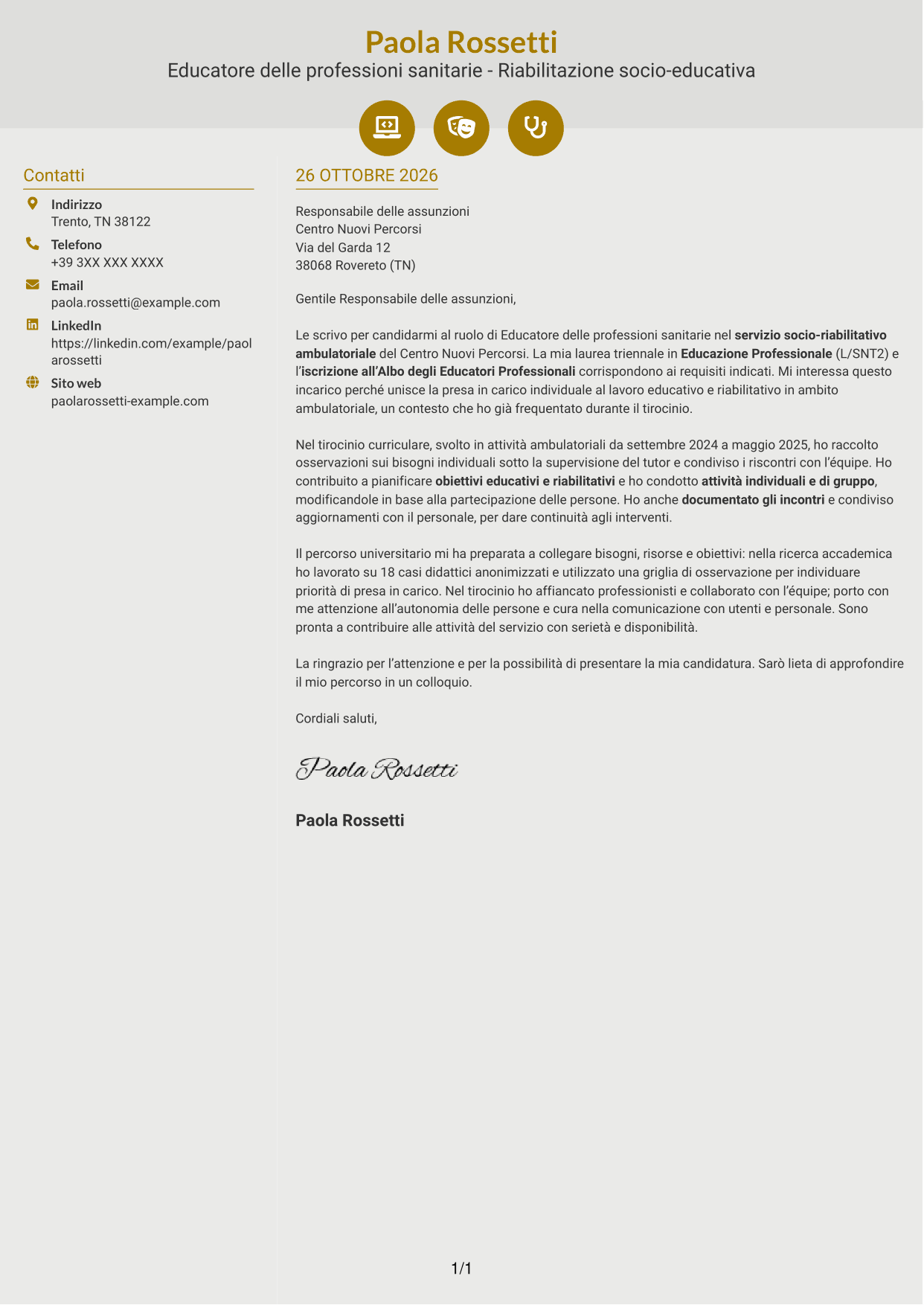 Lettera di presentazione Dinamico (formato a due colonne con icone): Educatore delle professioni sanitarie - Riabilitazione socio-educativa, pagina 1