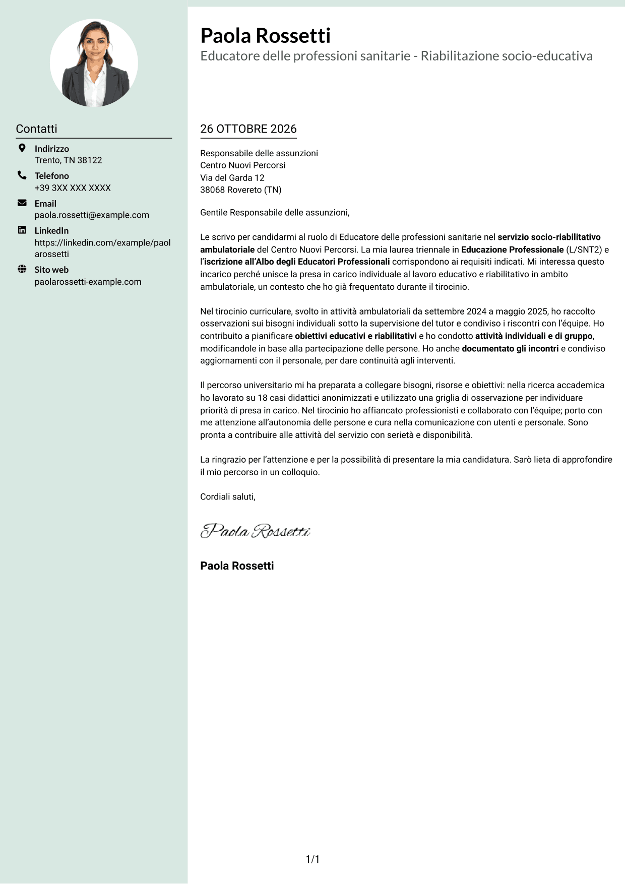 Lettera di presentazione Dirigente (formato con colonna laterale tenue e foto arrotondata): Educatore delle professioni sanitarie - Riabilitazione socio-educativa, pagina 1