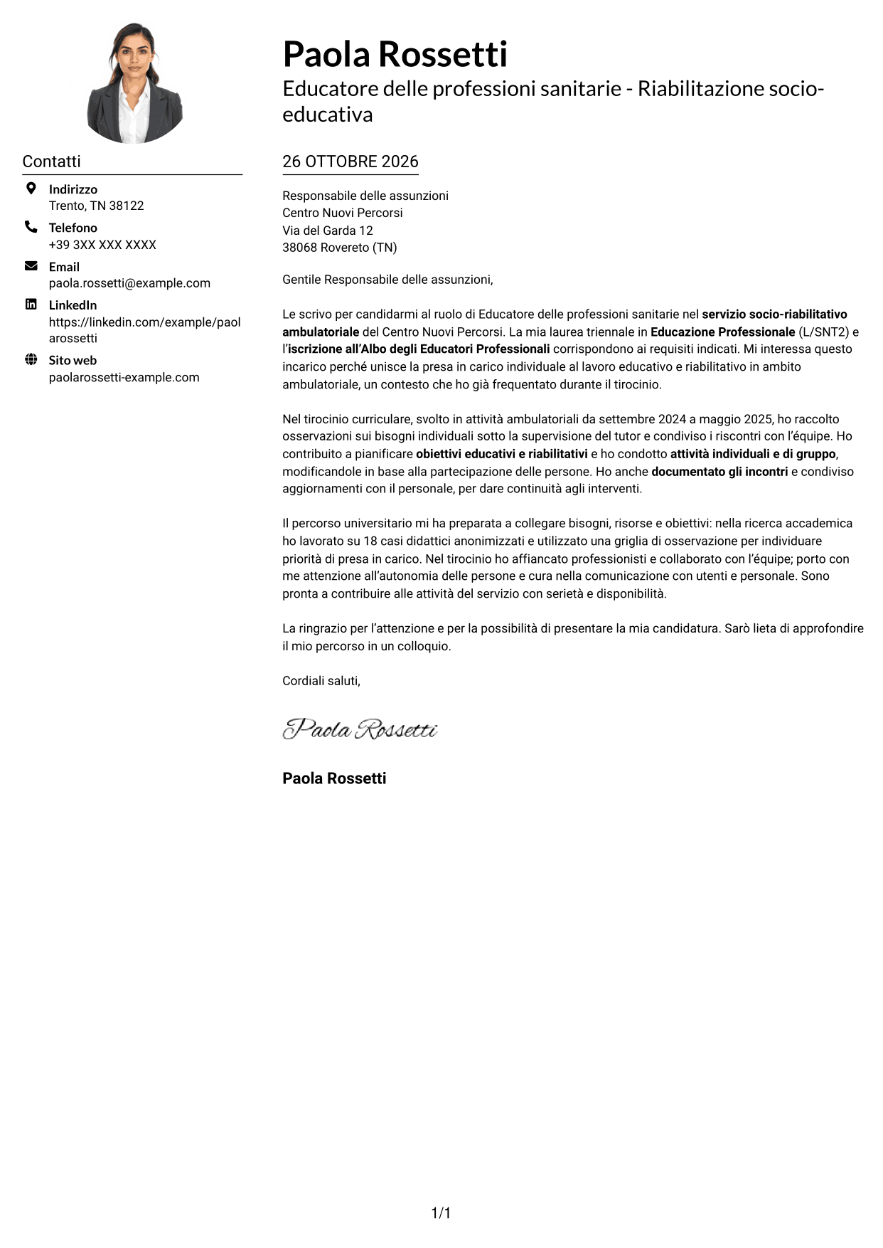 Esempio di lettera di presentazione — pagina 1