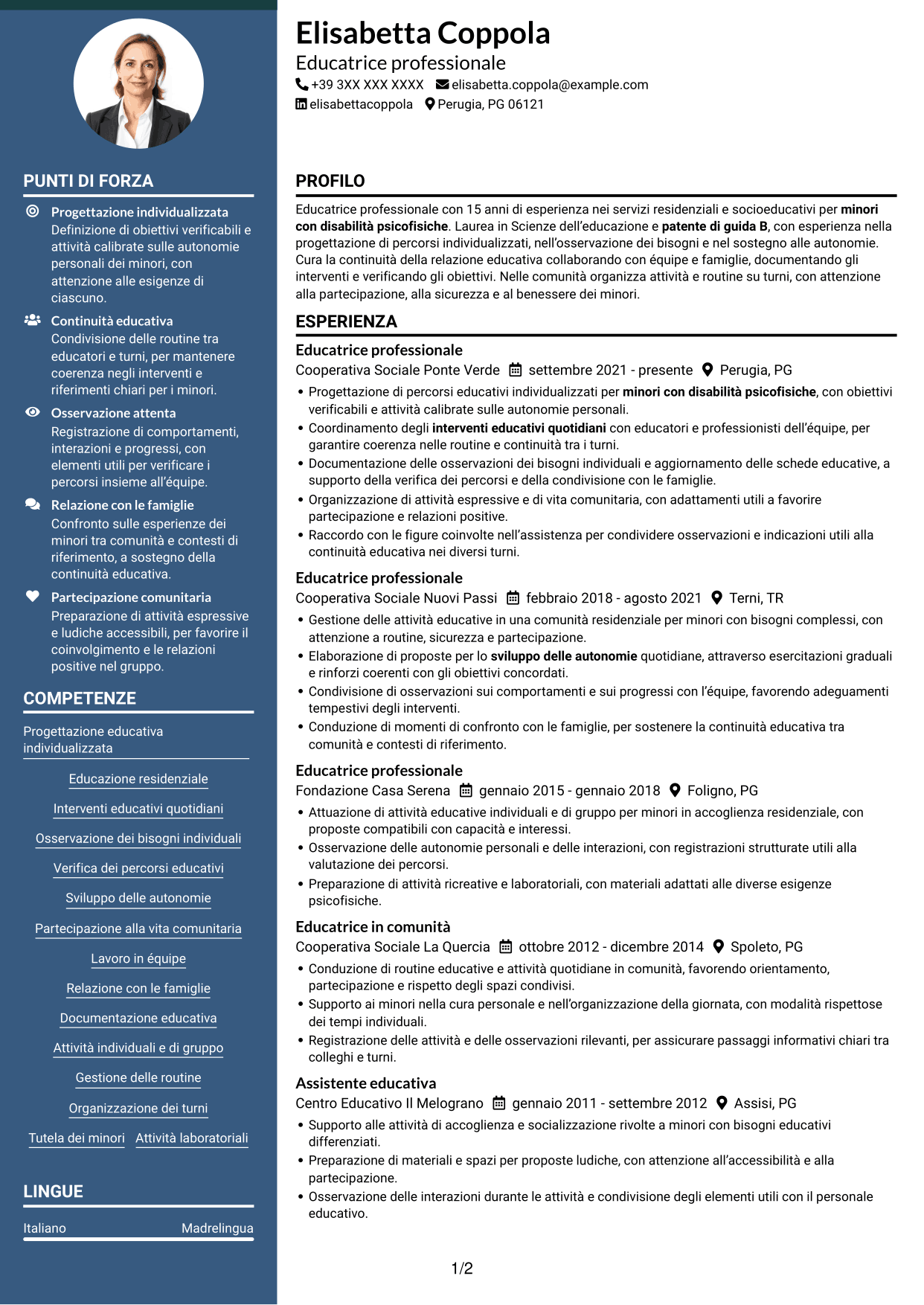 CV Elegante (formato con colonna laterale colorata e foto): Educatore professionale - Disabilità psicofisiche, pagina 1