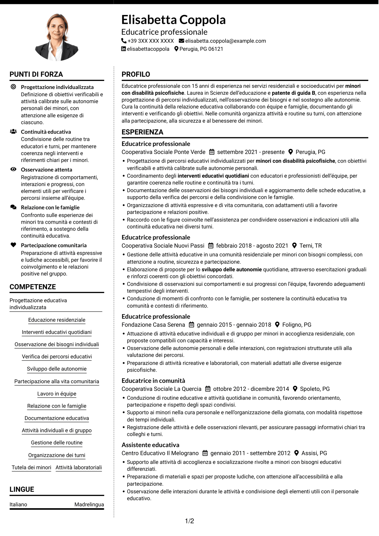 CV Moderno (formato a due colonne con foto a sinistra e separatore): Educatore professionale - Disabilità psicofisiche, pagina 1