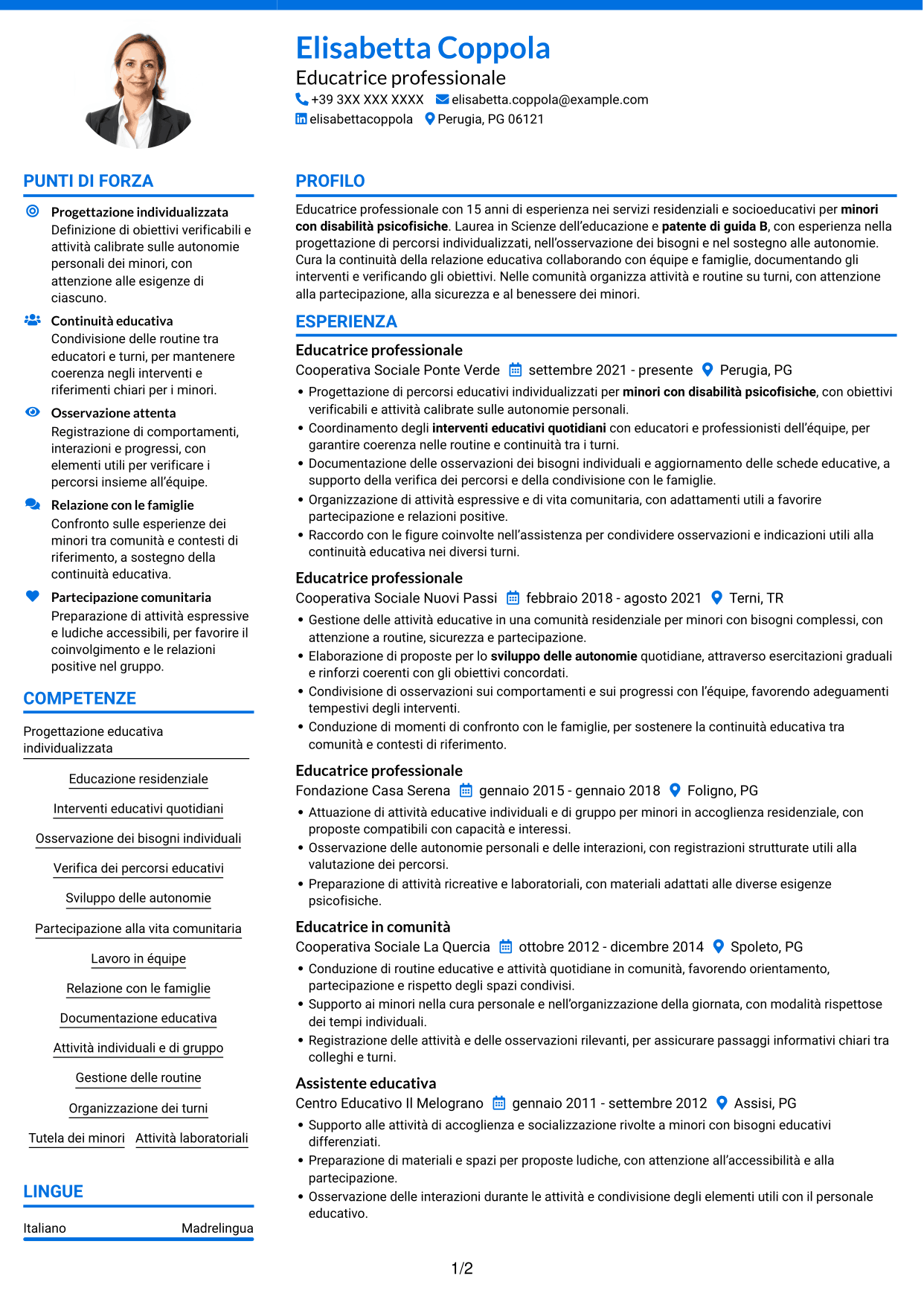 CV Audace (formato a due colonne con accenti colorati e foto): Educatore professionale - Disabilità psicofisiche, pagina 1