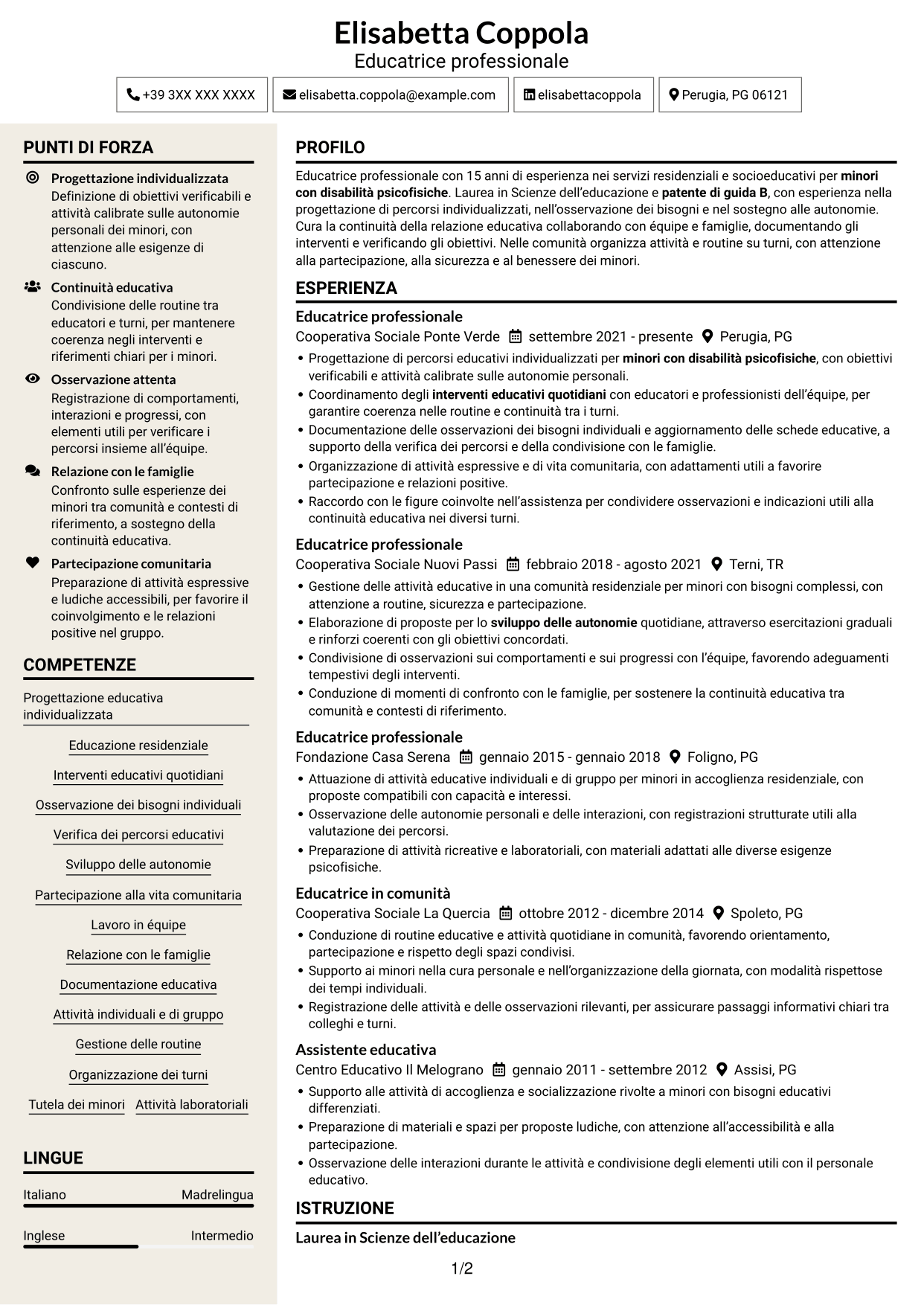 CV Intraprendente (formato a due colonne con intestazione centrata senza foto): Educatore professionale - Disabilità psicofisiche, pagina 1