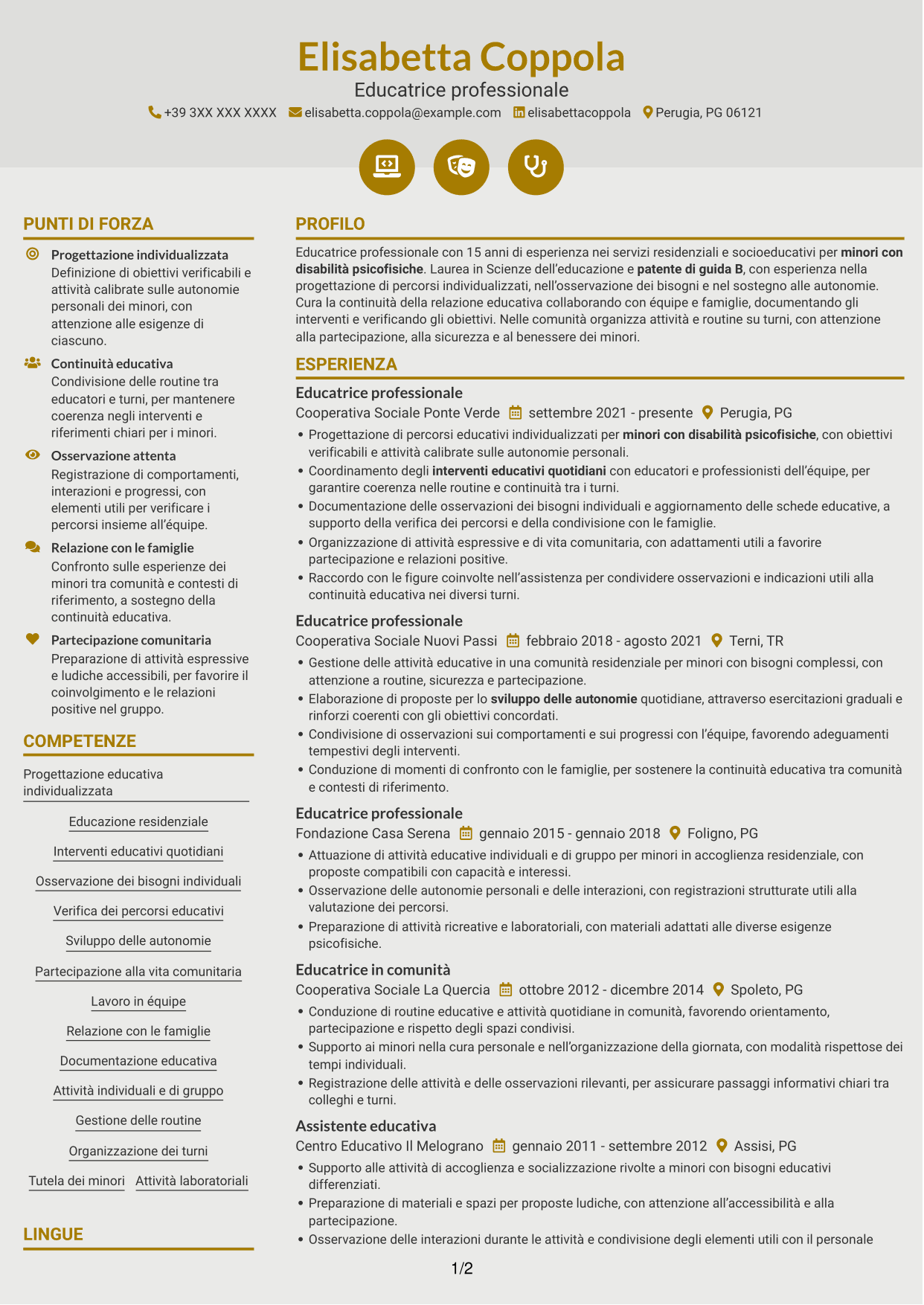 CV Dinamico (formato a due colonne con icone): Educatore professionale - Disabilità psicofisiche, pagina 1