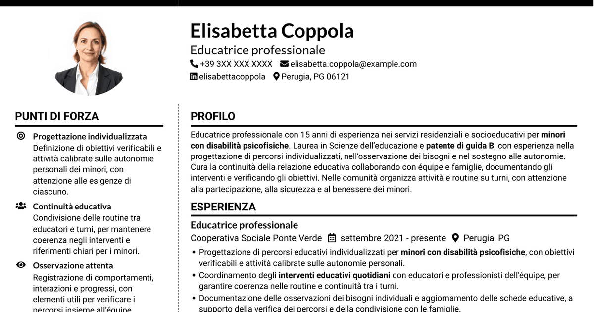 7 modelli di CV per Educatore professionale - Disabilità psicofisiche, con esempi