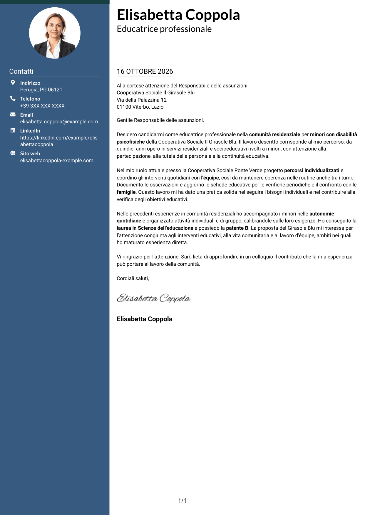 Lettera di presentazione Elegante (formato con colonna laterale colorata e foto): Educatore professionale - Disabilità psicofisiche, pagina 1