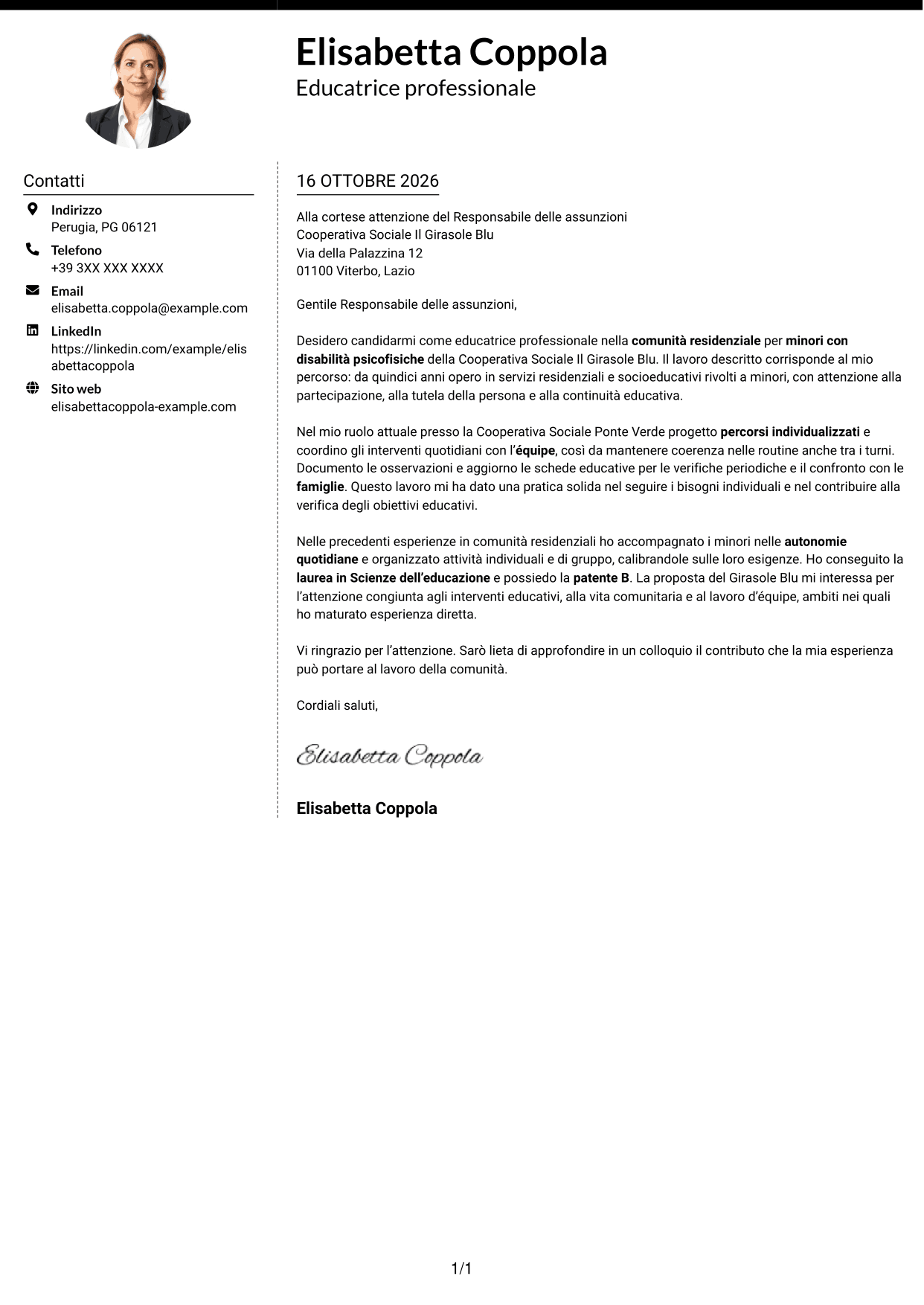 Lettera di presentazione Moderno (formato a due colonne con foto a sinistra e separatore): Educatore professionale - Disabilità psicofisiche, pagina 1
