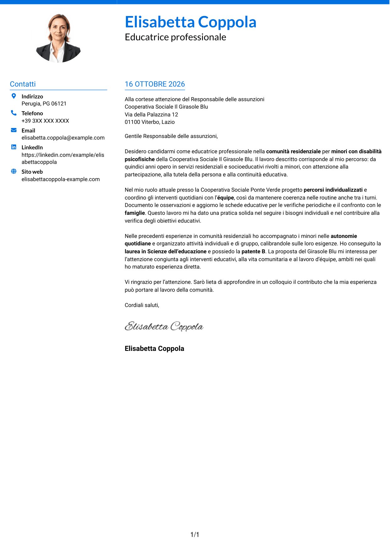 Lettera di presentazione Audace (formato a due colonne con accenti colorati e foto): Educatore professionale - Disabilità psicofisiche, pagina 1