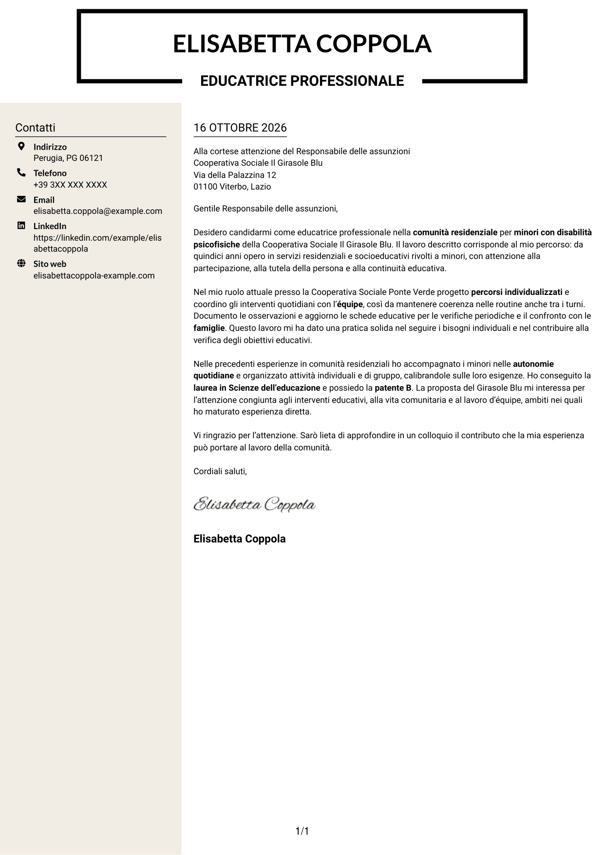 Lettera di presentazione Intraprendente (formato a due colonne con intestazione centrata senza foto): Educatore professionale - Disabilità psicofisiche, pagina 1