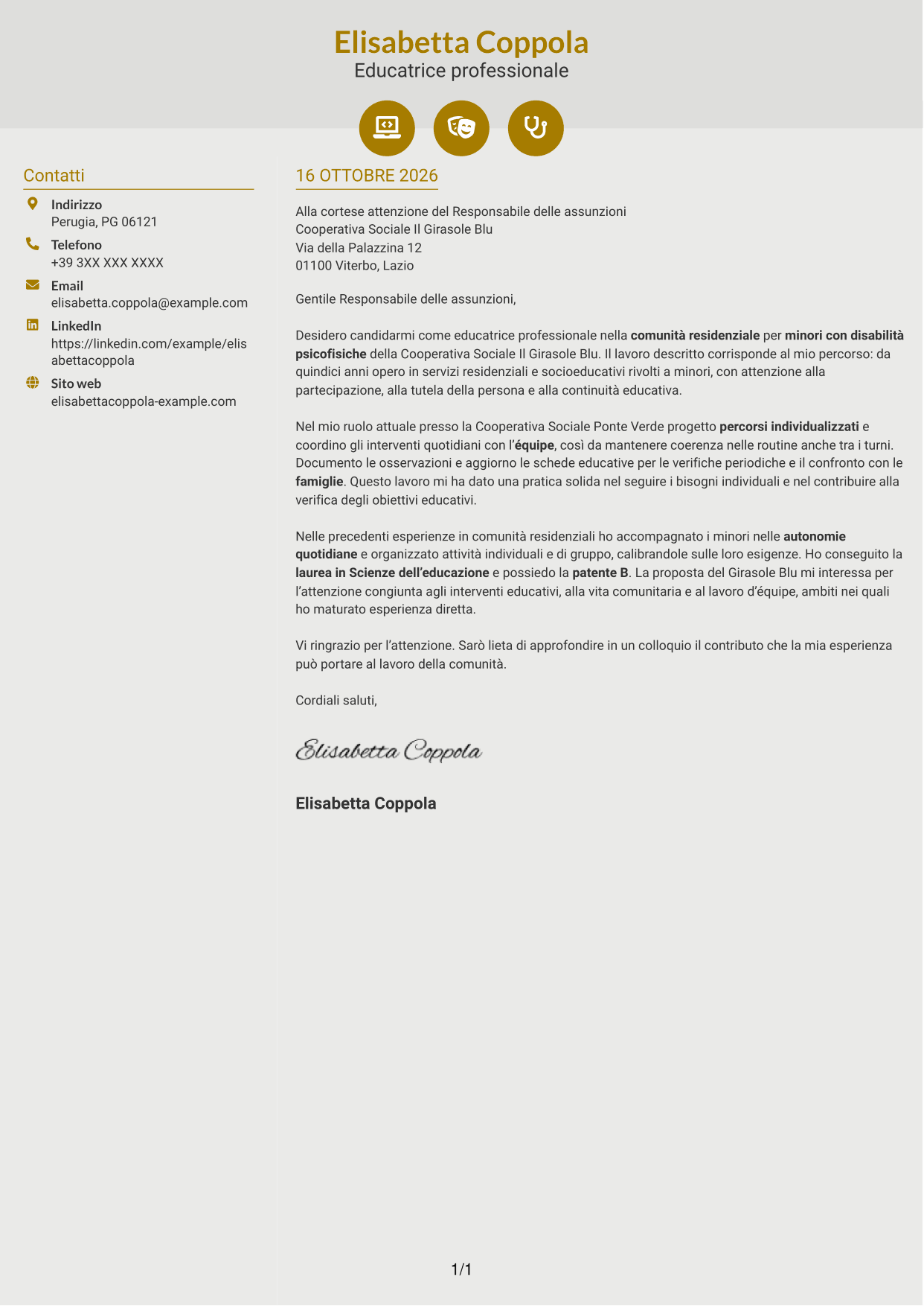 Lettera di presentazione Dinamico (formato a due colonne con icone): Educatore professionale - Disabilità psicofisiche, pagina 1