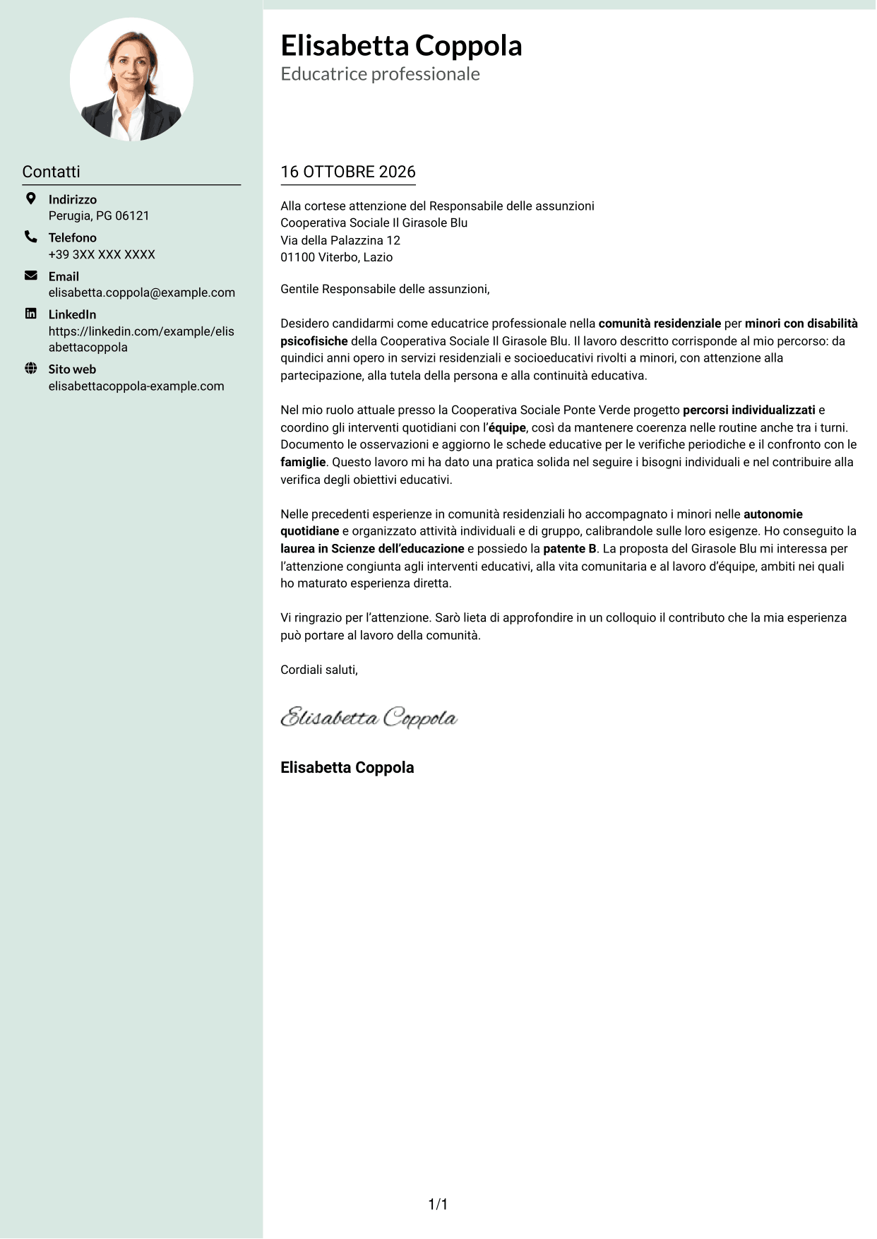 Lettera di presentazione Dirigente (formato con colonna laterale tenue e foto arrotondata): Educatore professionale - Disabilità psicofisiche, pagina 1