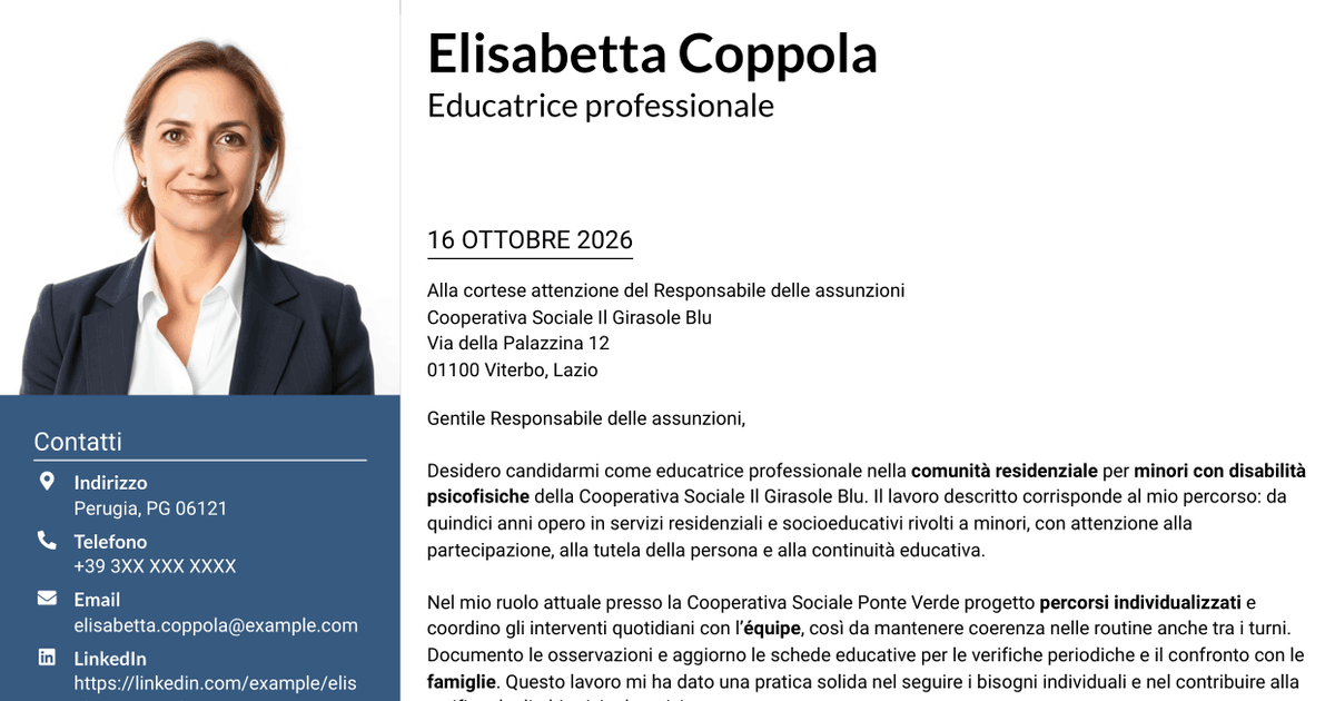 7 modelli di lettera di presentazione per Educatore professionale - Disabilità psicofisiche, con esempi